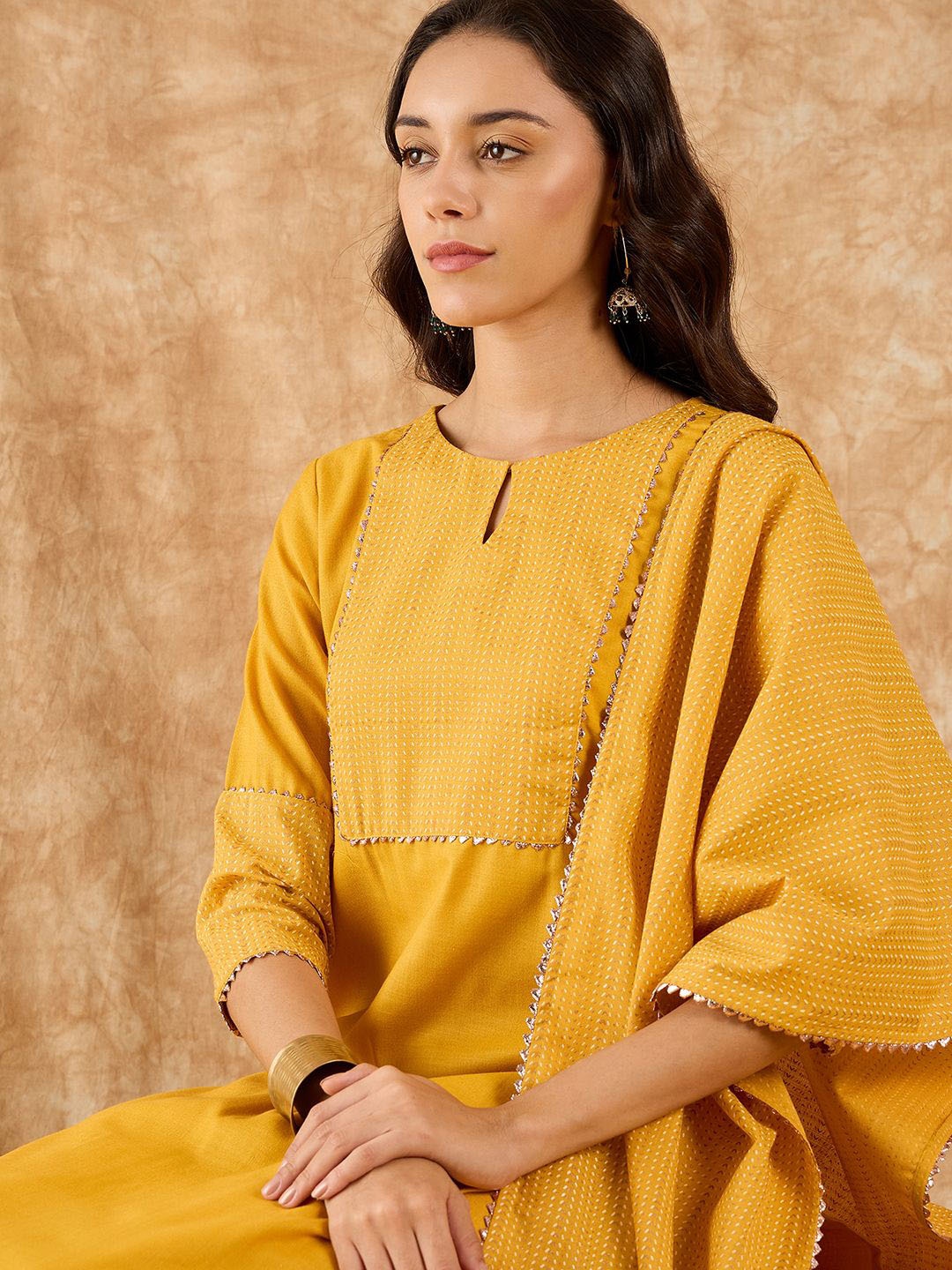 

Indo Era Yoke Design Straight Gotta Patti Kurta with Palazzo & Dupatta, Yellow