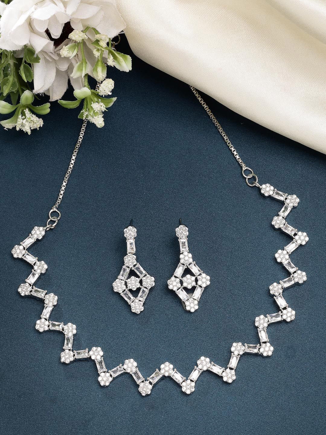 

ZENEME Rhodium-Plated American Diamond Studded Necklace and Earrings, Silver