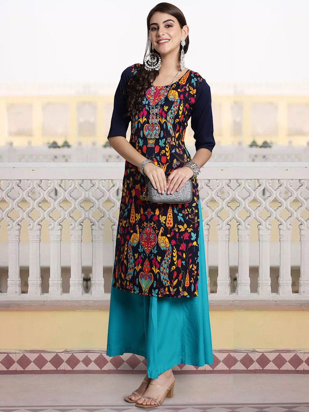 

7Threads Ethnic Motifs Printed Round Neck Straight Kurta, Black
