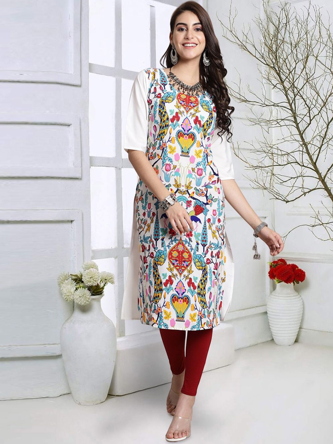 

7Threads Ethnic Motifs Printed Round Neck Straight Kurta, White