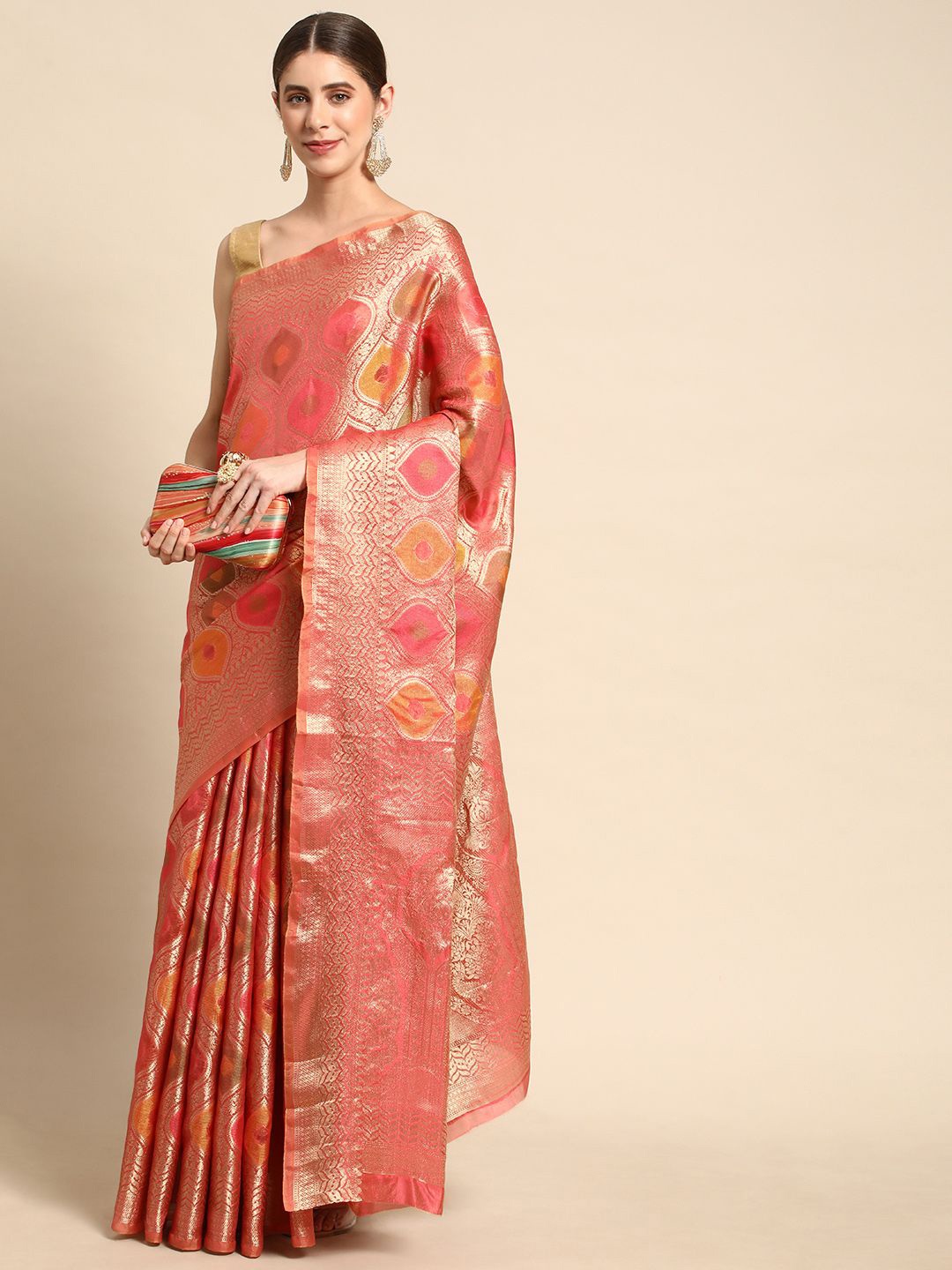 

KIMISHA Woven Design Zari Kanjeevaram Saree, Coral