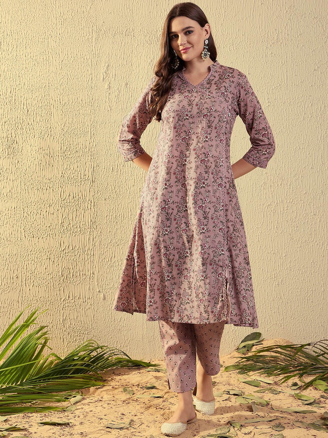 

SERONA FABRICS Floral Printed Angrakha Pure Cotton A-Line Kurta with Trousers, Mauve