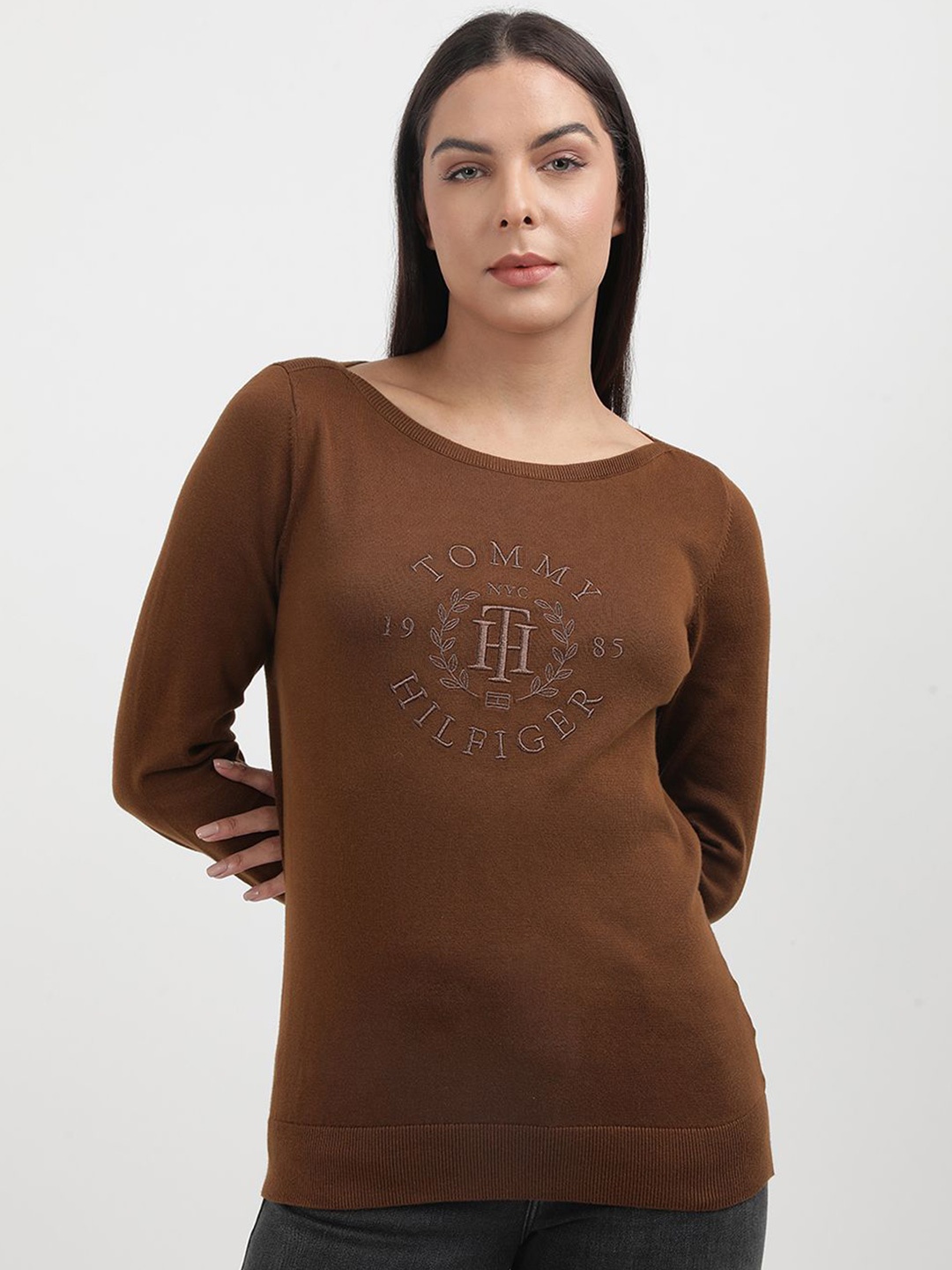 

Tommy Hilfiger Women Embroidered Typography Printed Round Neck Sweatshirt, Brown