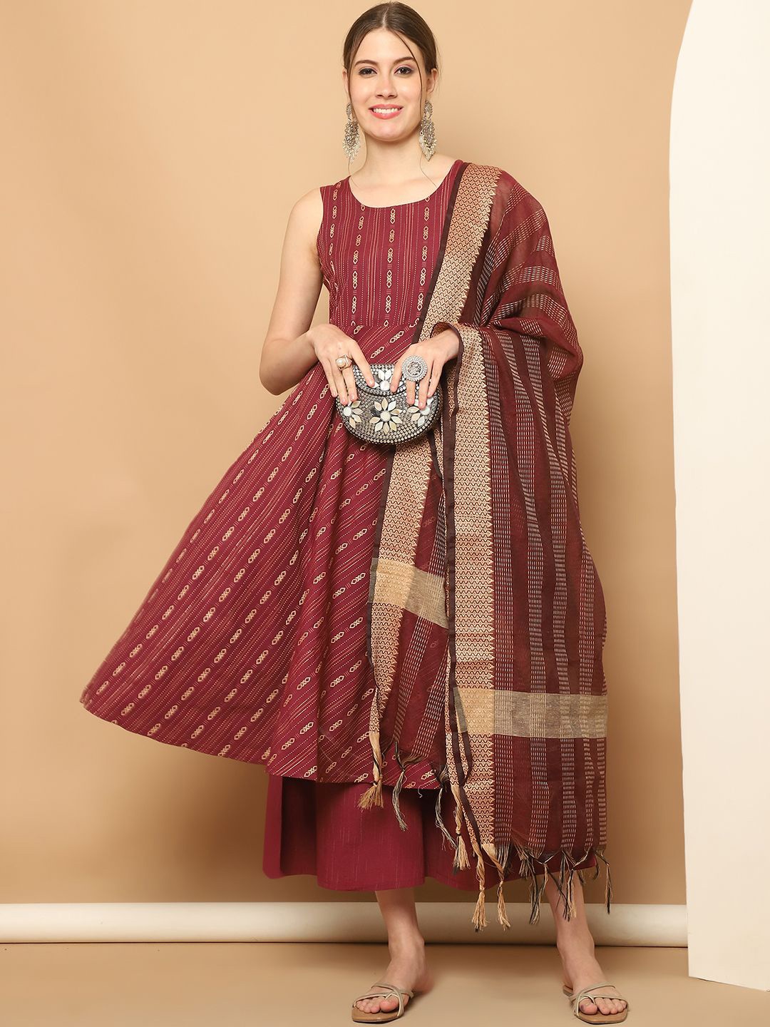 

Jompers Geometric Woven Design Kantha Work Anarkali Kurta With Palazzos & Dupatta, Maroon