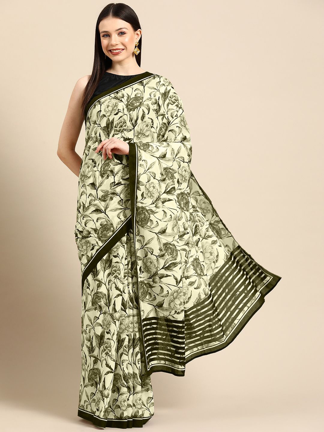 

BUTA BUTI Floral Pure Cotton Saree, Lime green