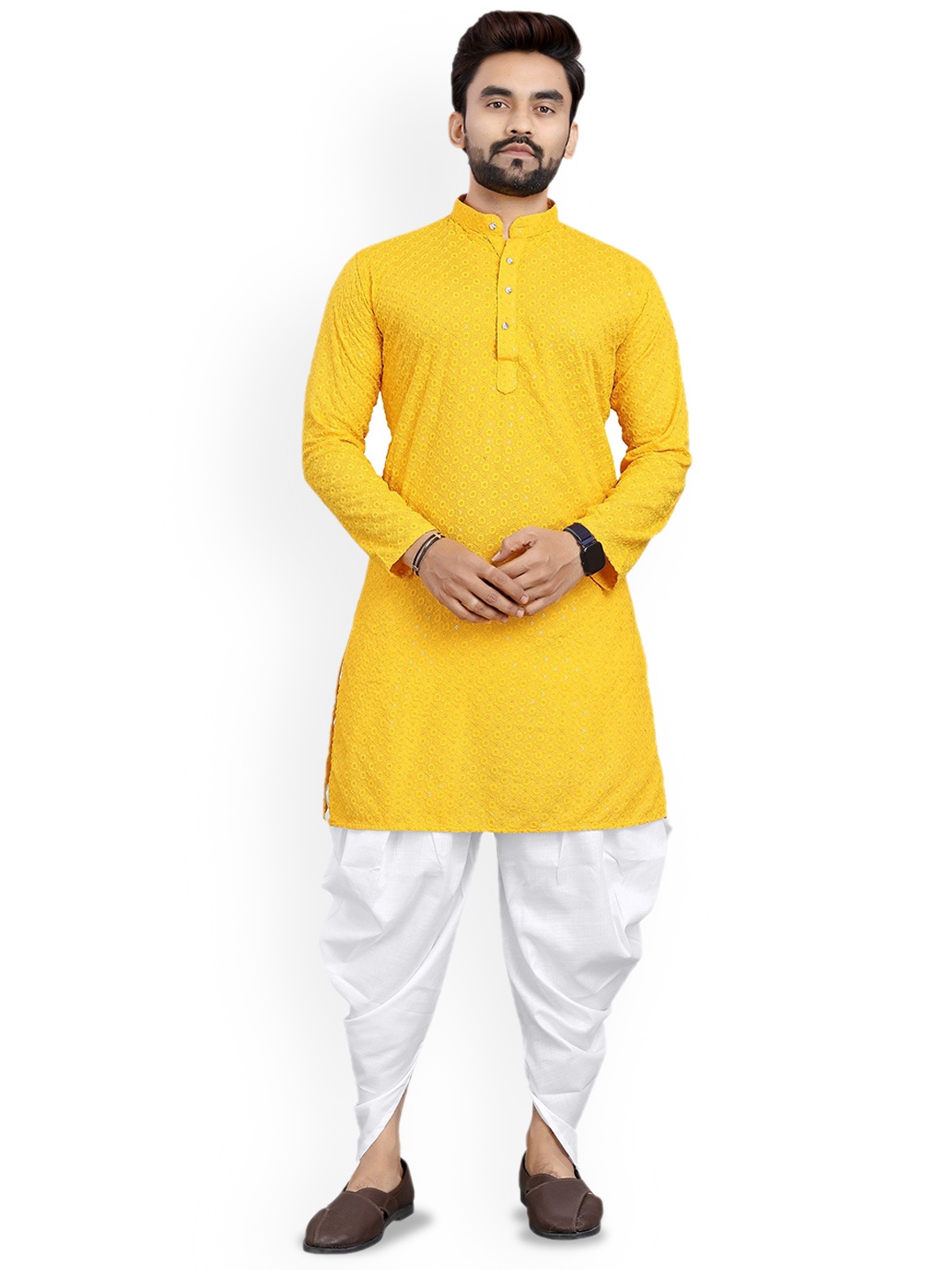 

trustous Floral Embroidered Sequinned Mandarin Collar Straight Kurta with Dhoti Pants, Yellow