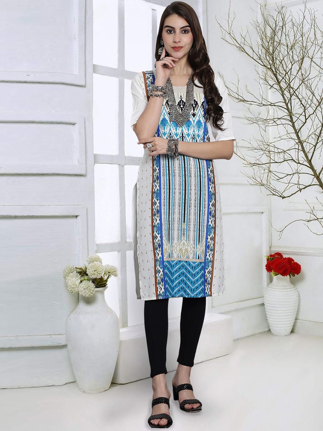 

7Threads Abstract Printed Round Neck Straight Kurta, White