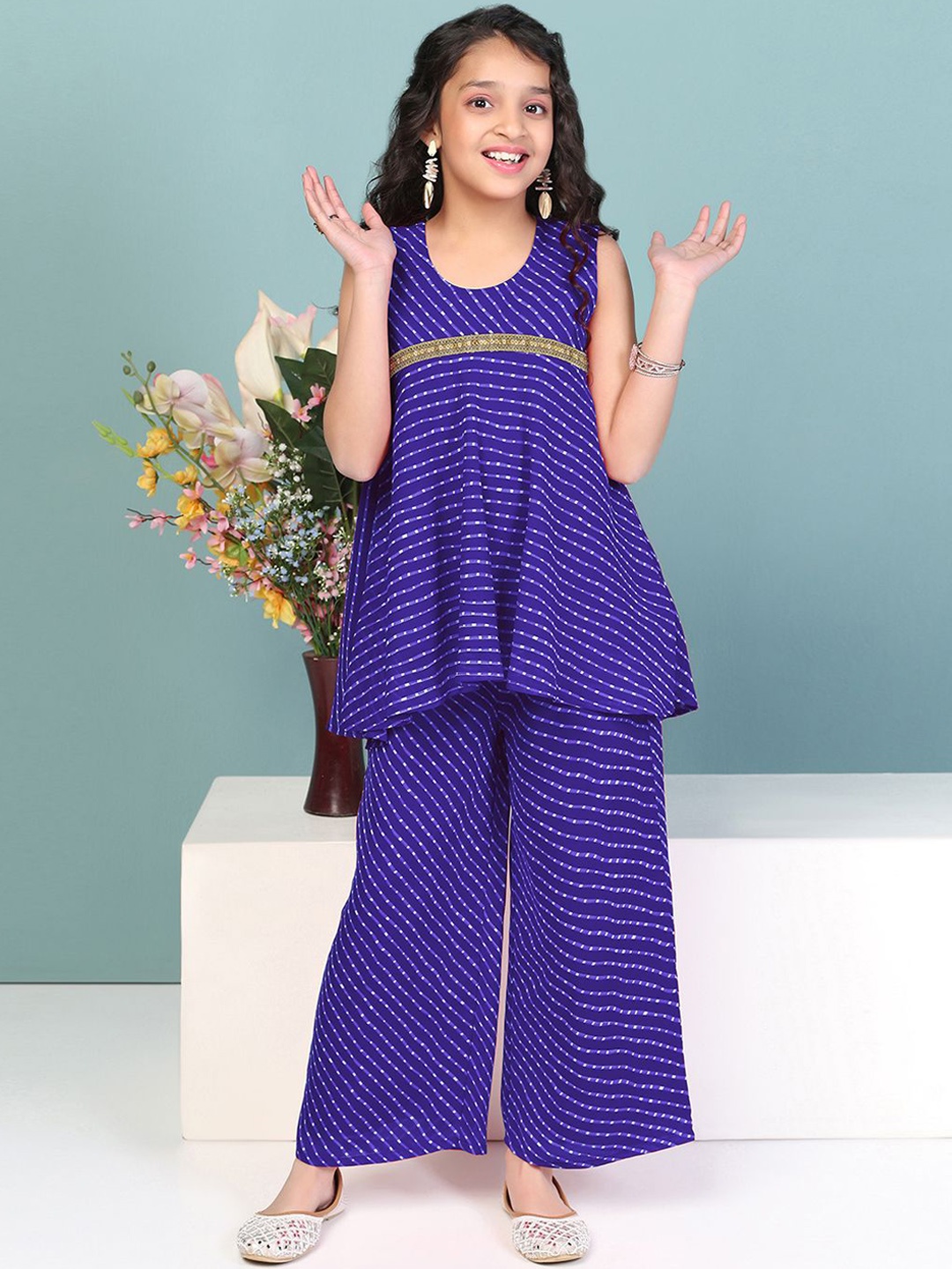 

FASHION DREAM Girls Leheriya Printed Sequinned Georgette A-Line Kurti With Palazzo, Blue