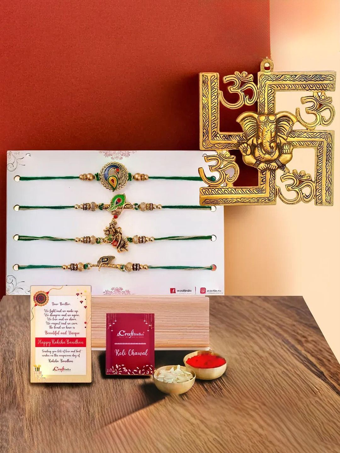 

eCraftIndia Set Of 5 Rakhi Om Swastik Wall Hanging Greeting Card & Roli Chawal, Gold
