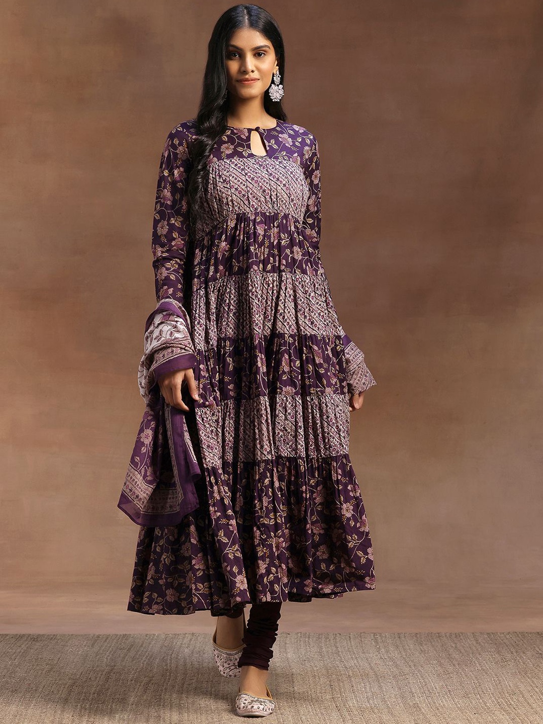 

Libas Floral Printed Keyhole Neck Pure Cotton Anarkali Kurta with Churidar & Dupatta, Purple