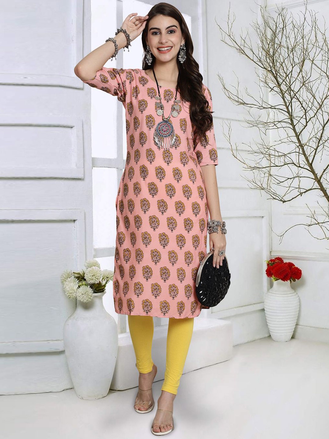 

7Threads Floral Printed Round Neck Three-Quarter Sleeves Straight Kurta, Peach