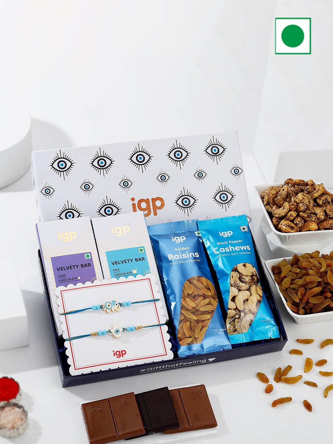 

IGP 2-Pcs Evil-Eye Rakhi With Dry Fruits & Chocolate Gift Set, Blue