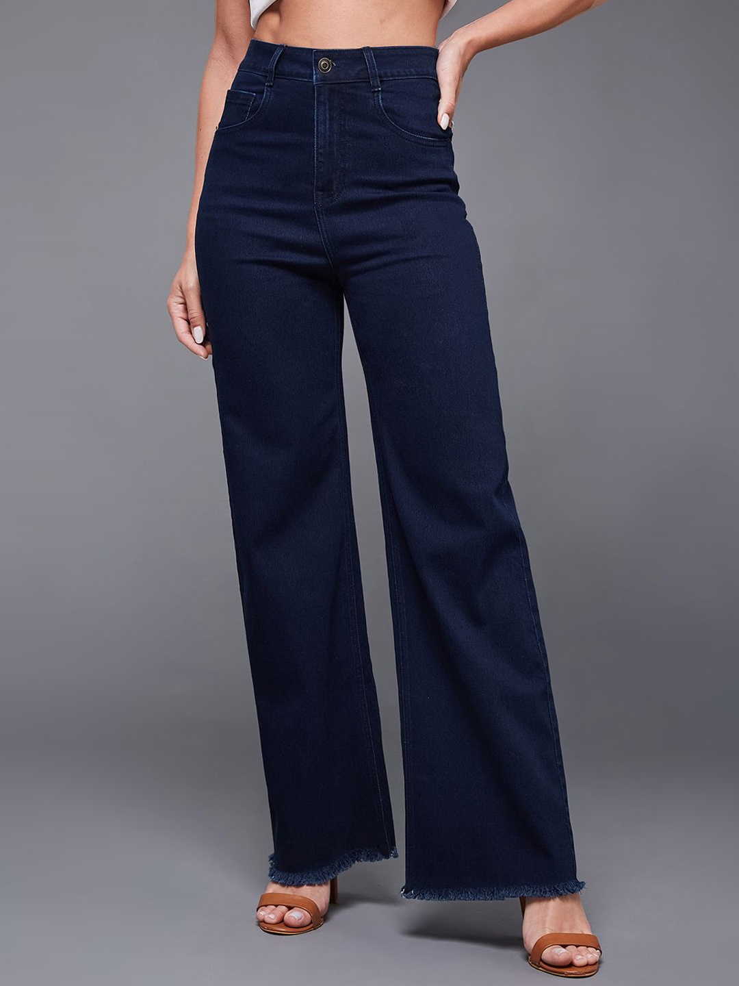 

Miss Chase Women Wide-Leg High-Rise Regular-Length Stretchable Denim Jeans, Blue