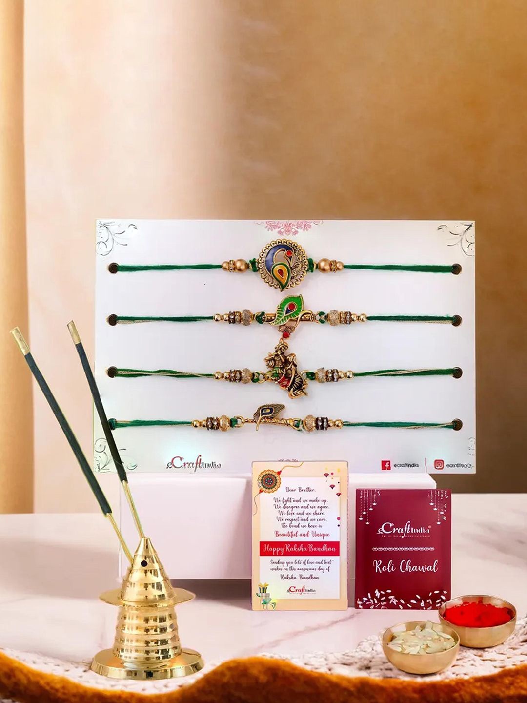 

eCraftIndia Set Of 5 Radha Krishna & Peacock Rakhis With Incense Stick Holder, Gold