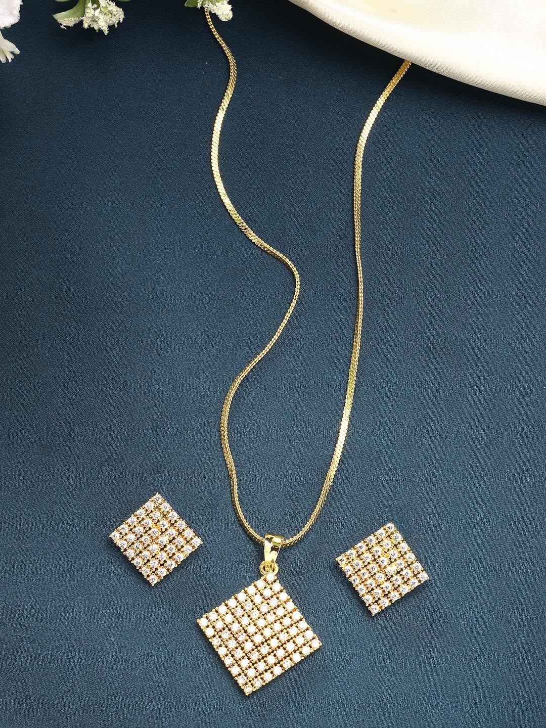 

ZENEME Gold-Plated American Diamond Studded Square Shaped Necklace and Earrings
