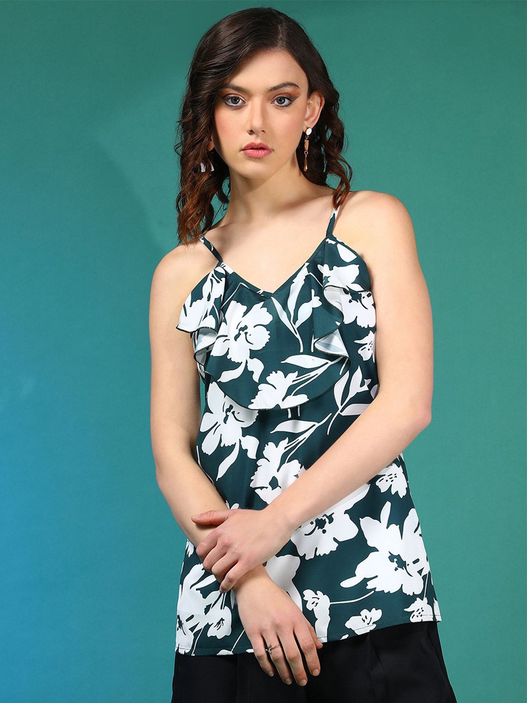 

Kotty Women Floral Printed Shoulder Straps Top, Green