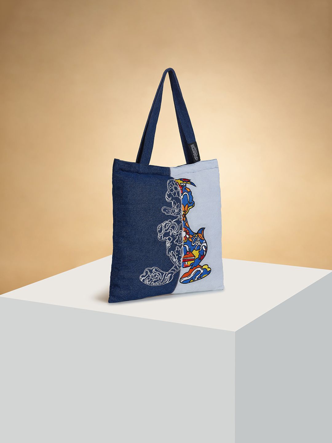 

Forever Glam by Pantaloons Colourblocked Structured Tote Bag with Tasselled, Blue