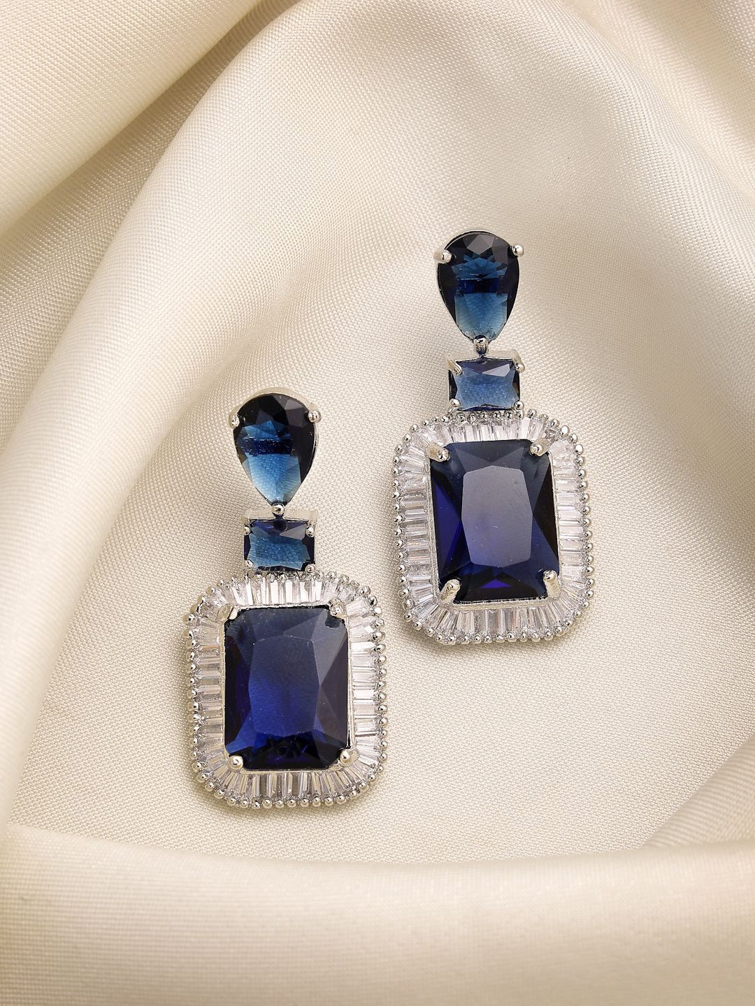 

ZENEME Rhodium-Plated American Diamond Studded Diamond Shaped Drop Earrings, Blue