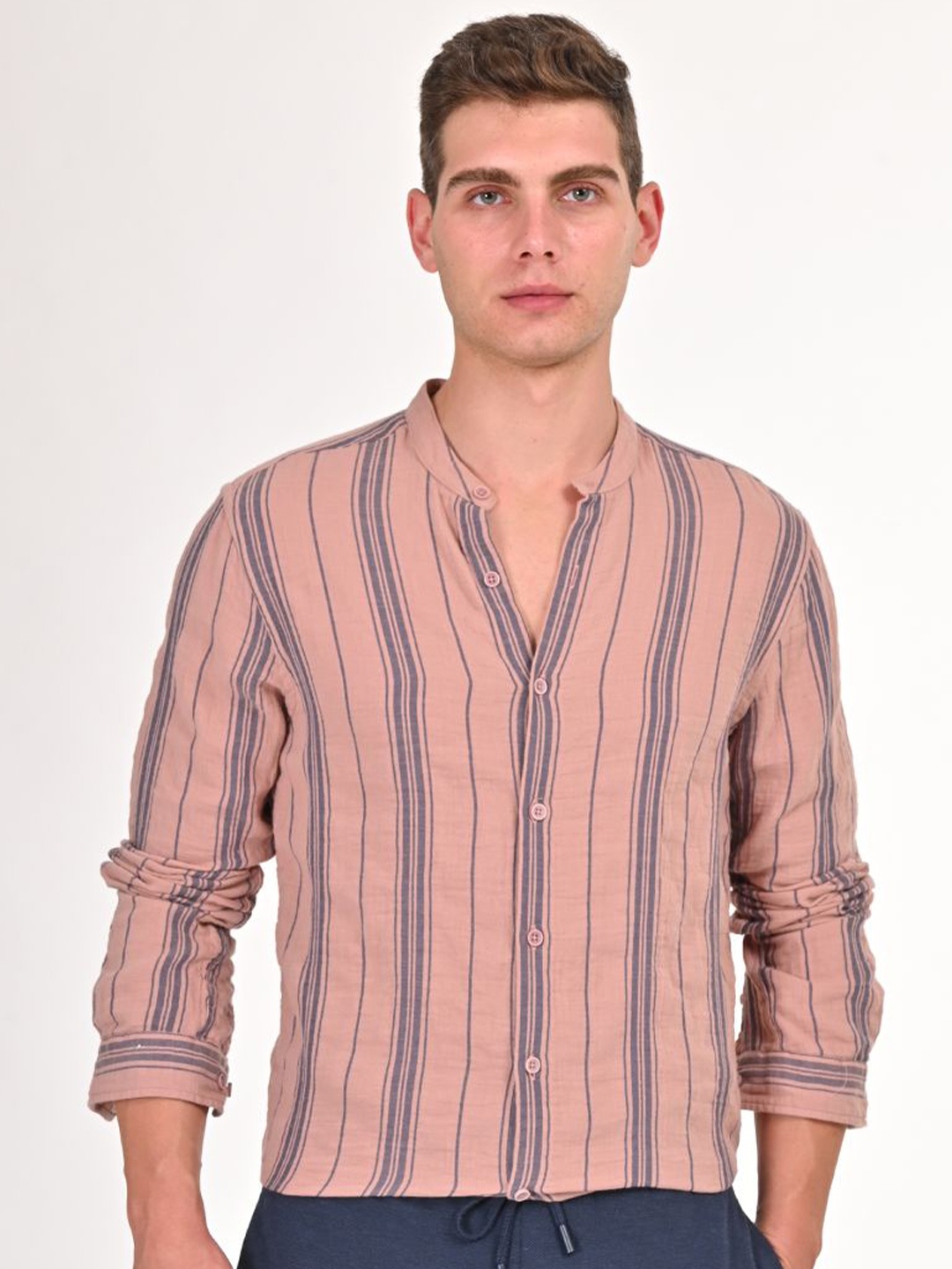 

POE Men Smart Mandarin Collar Striped Cotton Slim Fit Casual Shirt, Brown