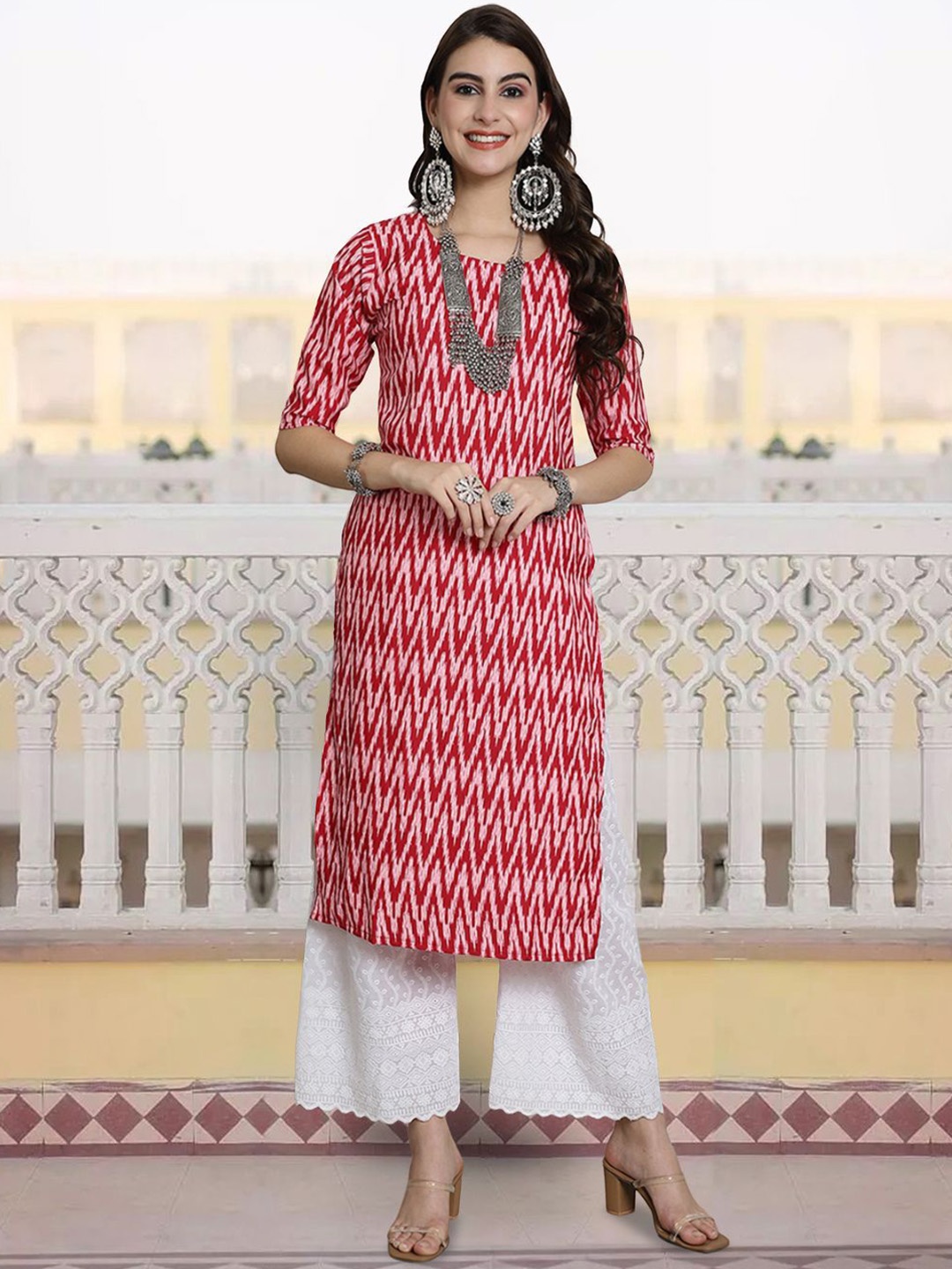 

7Threads Chevron Printed Round Neck Straight Kurta, Red