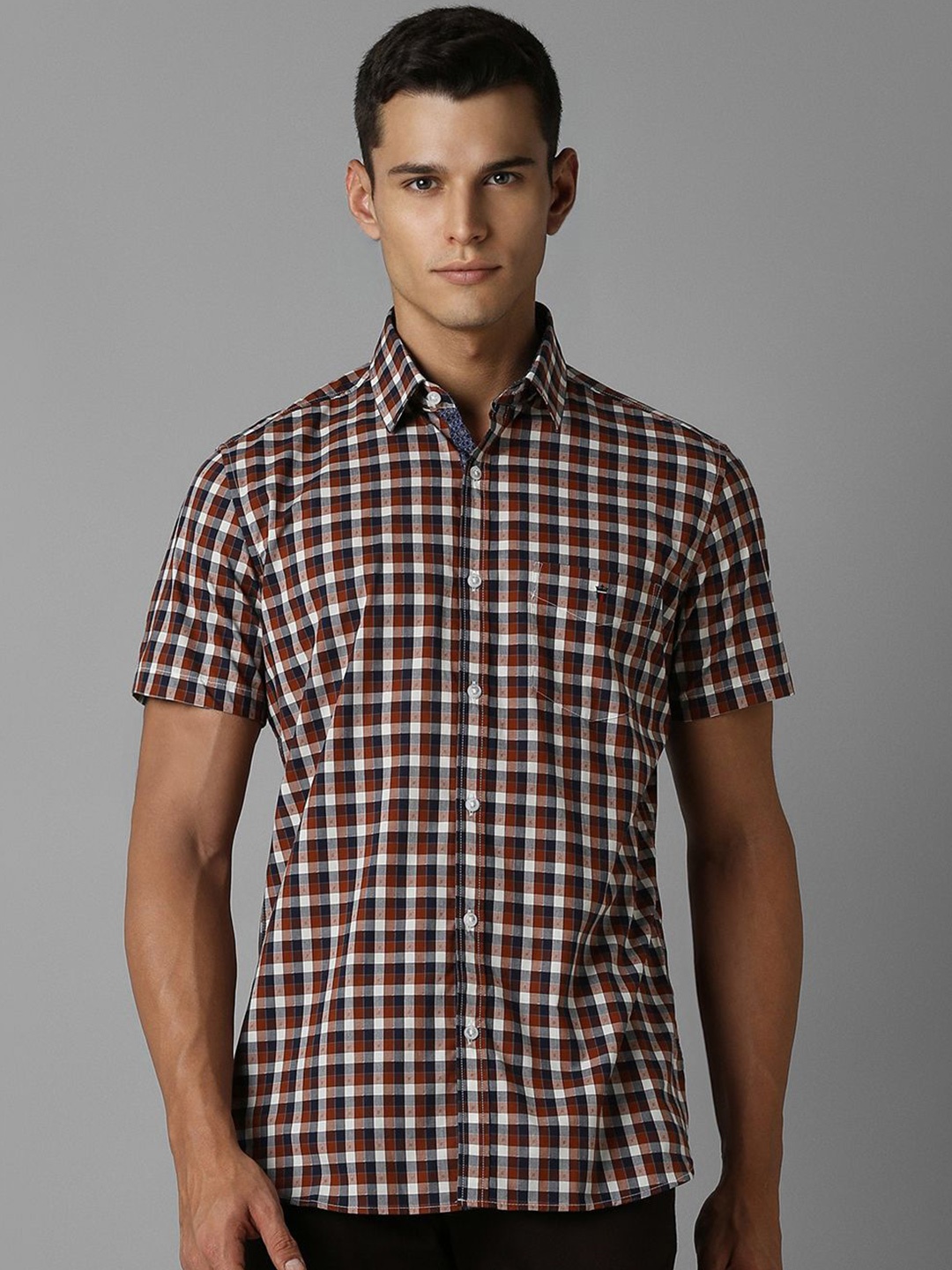 

Louis Philippe Men Spread Collar Micro Checked Cotton Slim Fit Casual Shirt, Brown