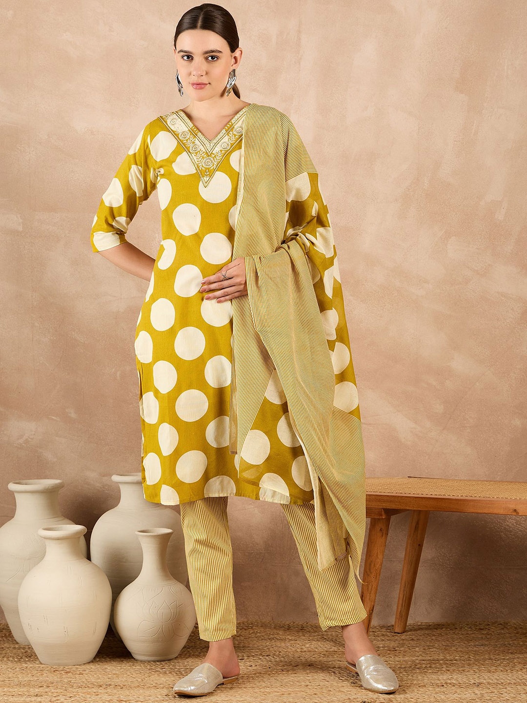 

all about you Geometric Printed Thread Work Pure Cotton Kurta with Trousers & Dupatta, Mustard