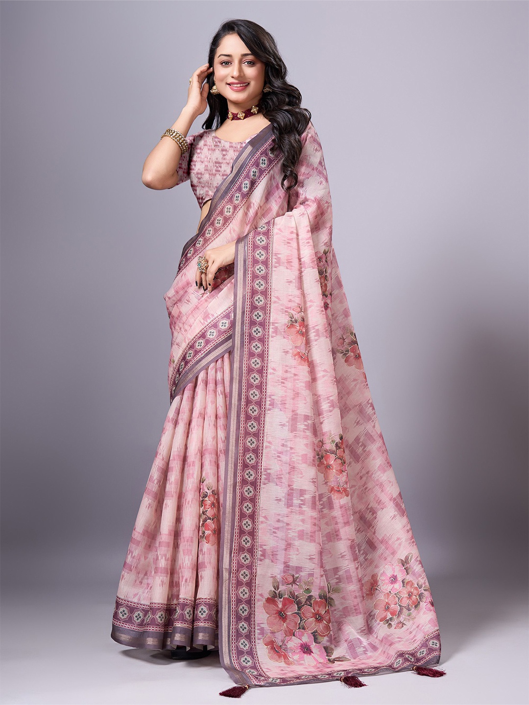 

SANJANA SILK Floral printed half and half block print saree with blouse piece, Pink