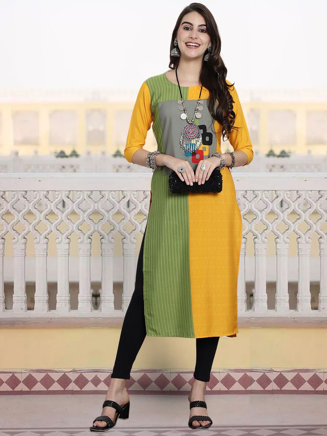 

7Threads Geometric Printed Round Neck Straight Kurta, Yellow