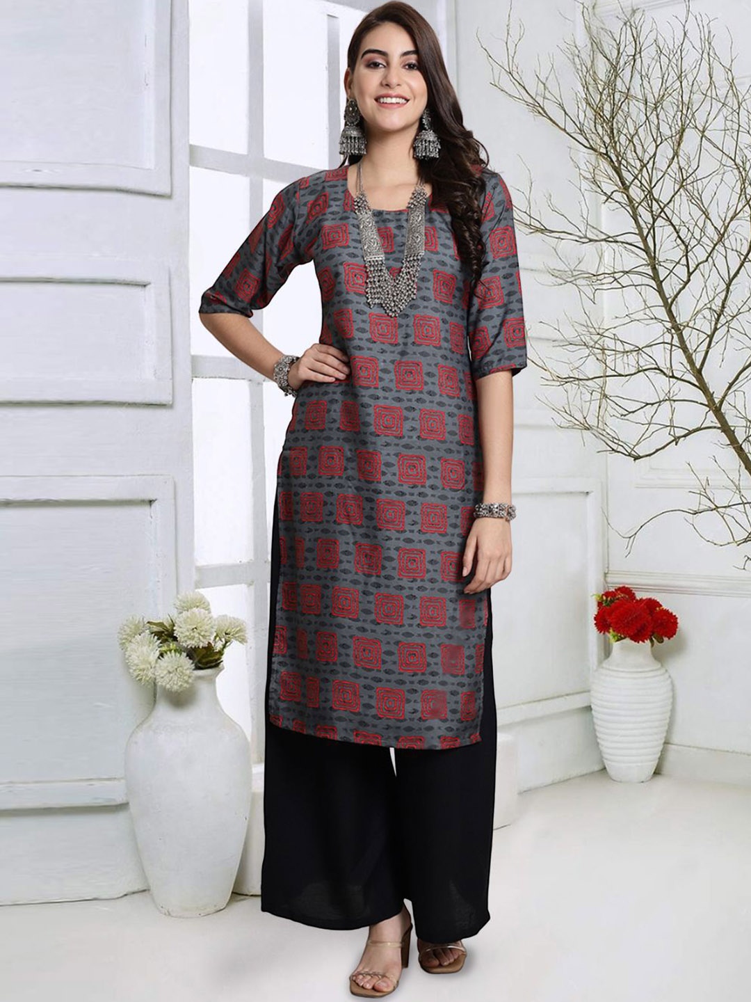 

7Threads Geometric Printed Round Neck Straight Kurta, Grey