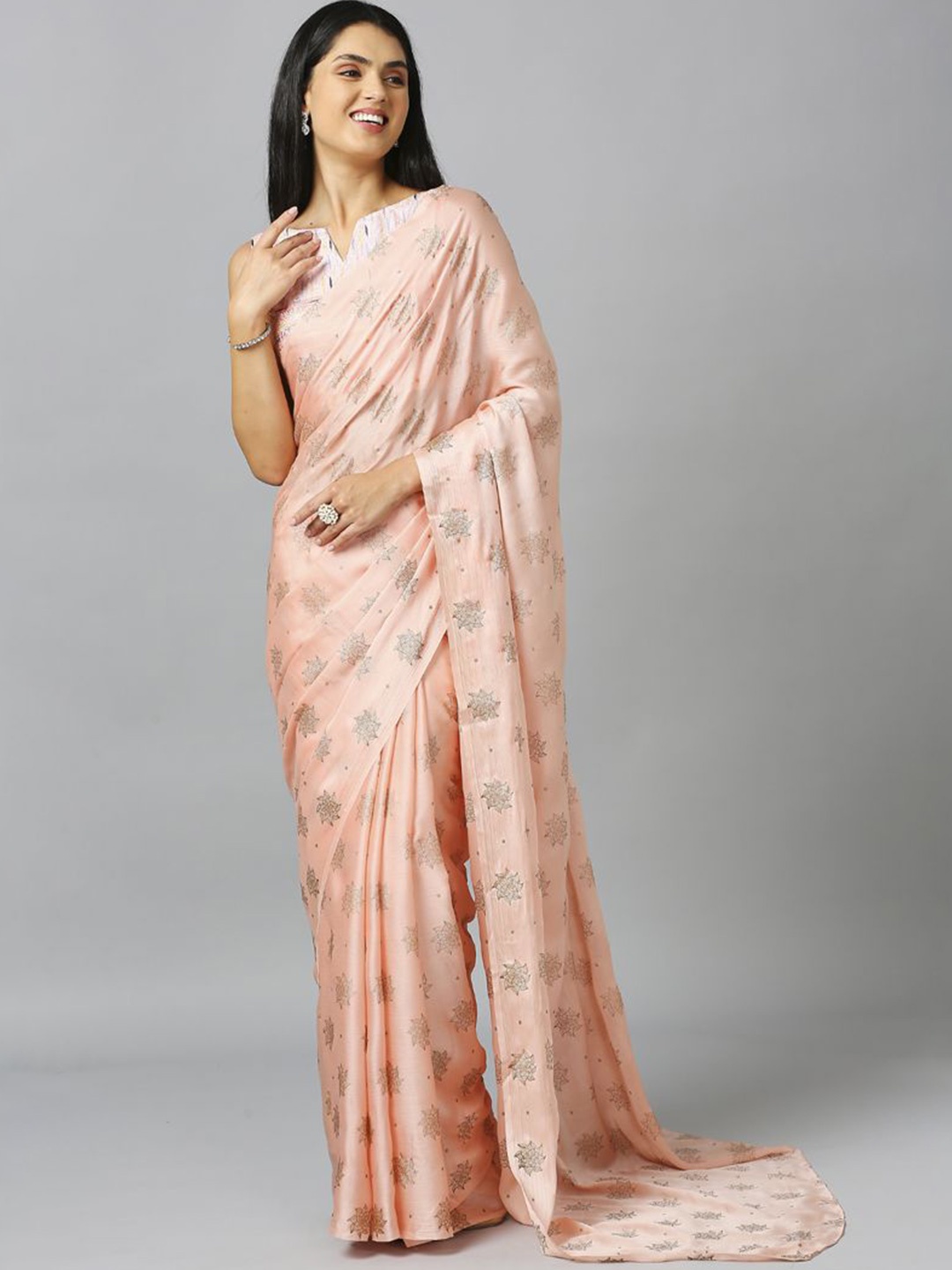 

ASISA Floral Schiffli Pure Chiffon Saree, Peach