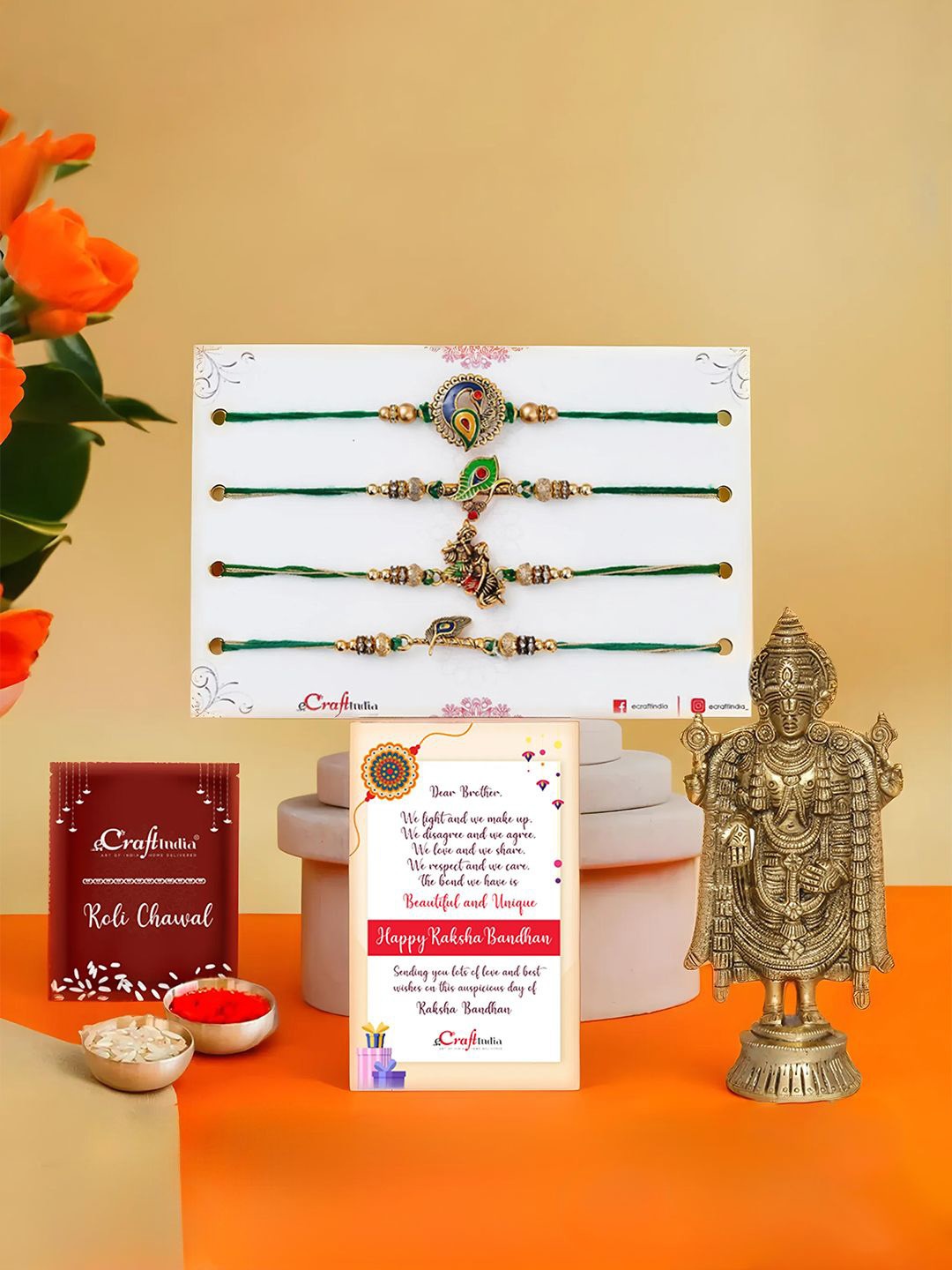 

eCraftIndia Set of 5 Designer Rakhis With Tirupati Balaji Idol Gifts & Roli Chawal, Green