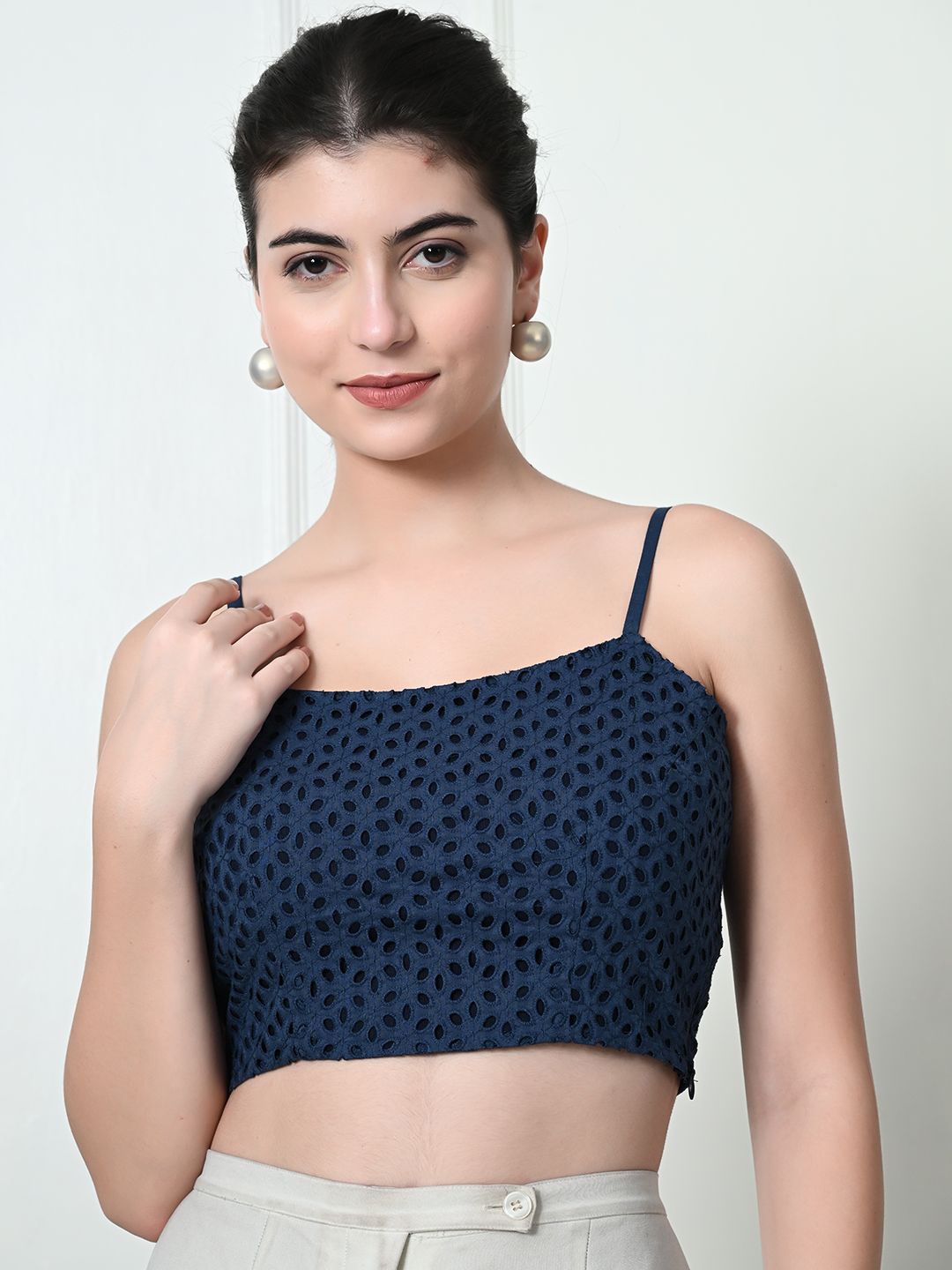 

Tushita Women Self Design Shoulder Straps Cotton Crop Top, Navy blue