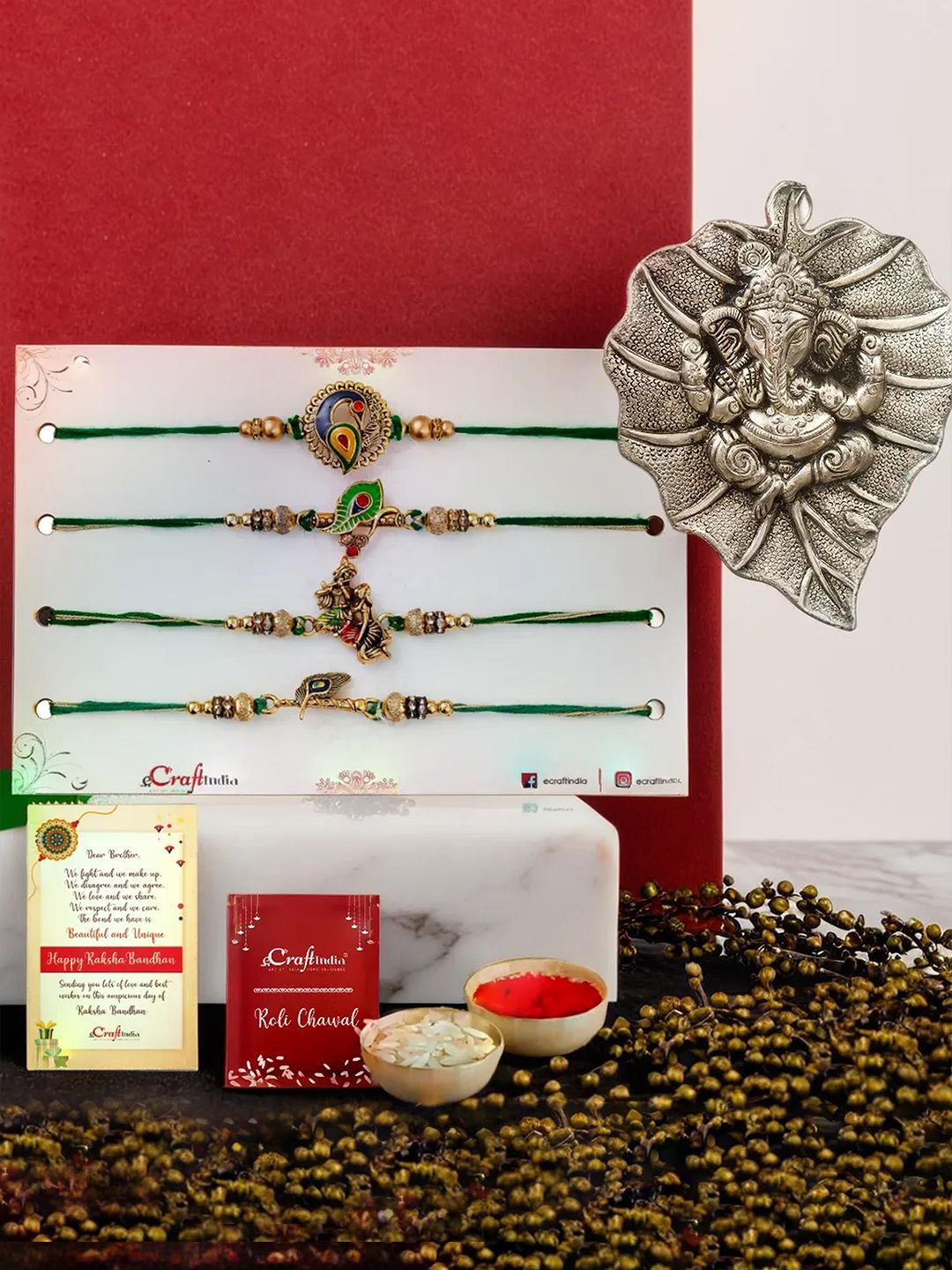 

eCraftIndia Set of 5 Thread Rakhi & Metal Ganesha Leaf With Roli Chawal, Green