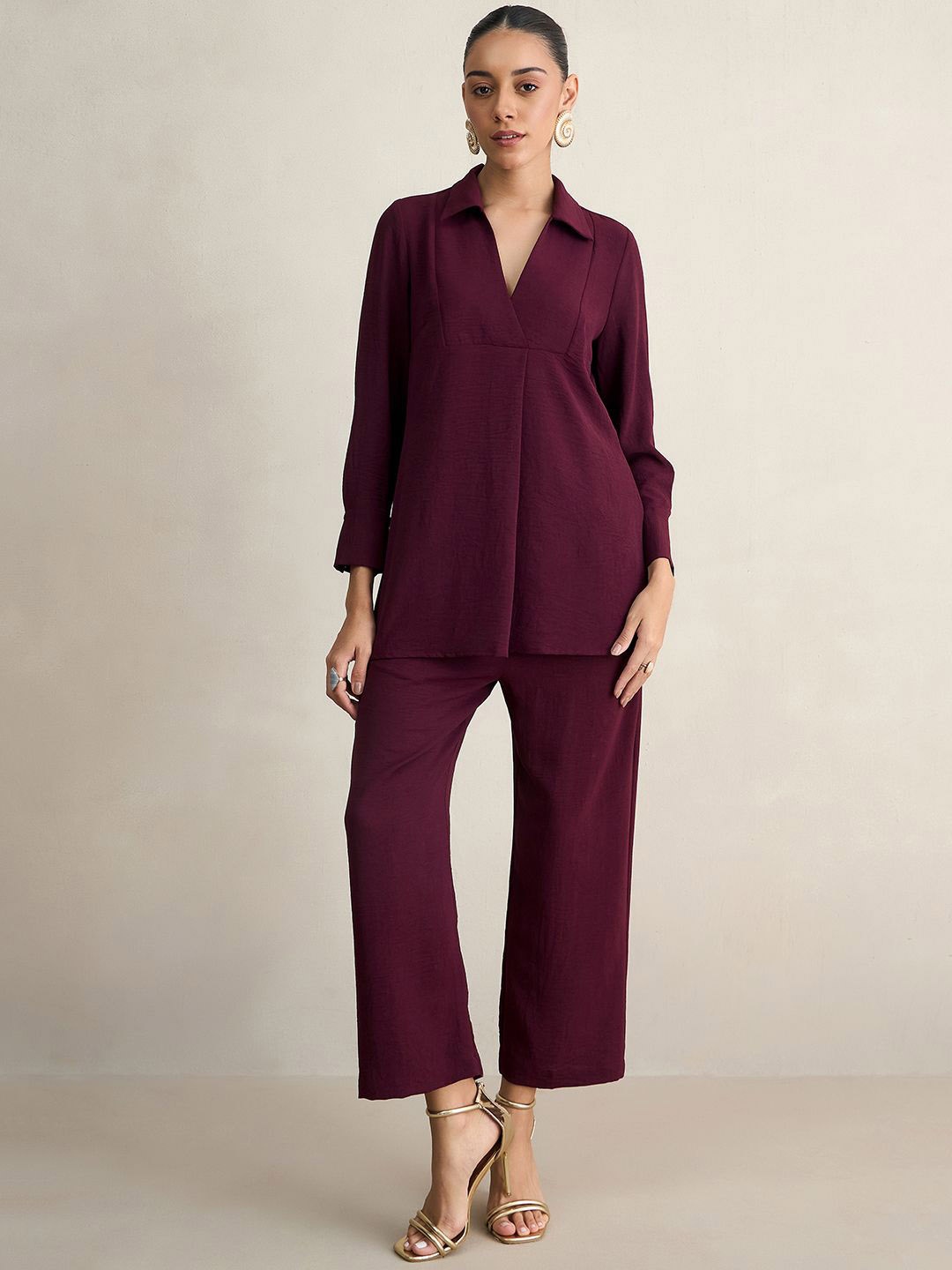 

FEMMELLA Shirt Collar Yoke Detail Tunic With Trousers, Purple