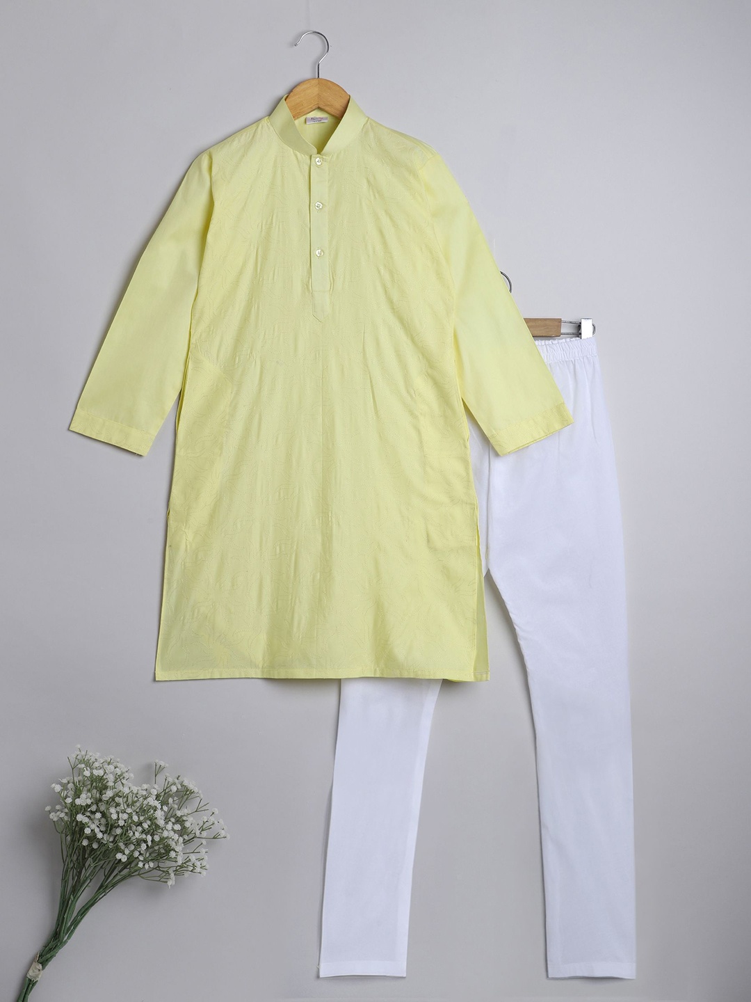 

Little Clothings Boys Floral Embroidered Regular Thread Work Cotton Silk Kurta With Pyjama, Yellow