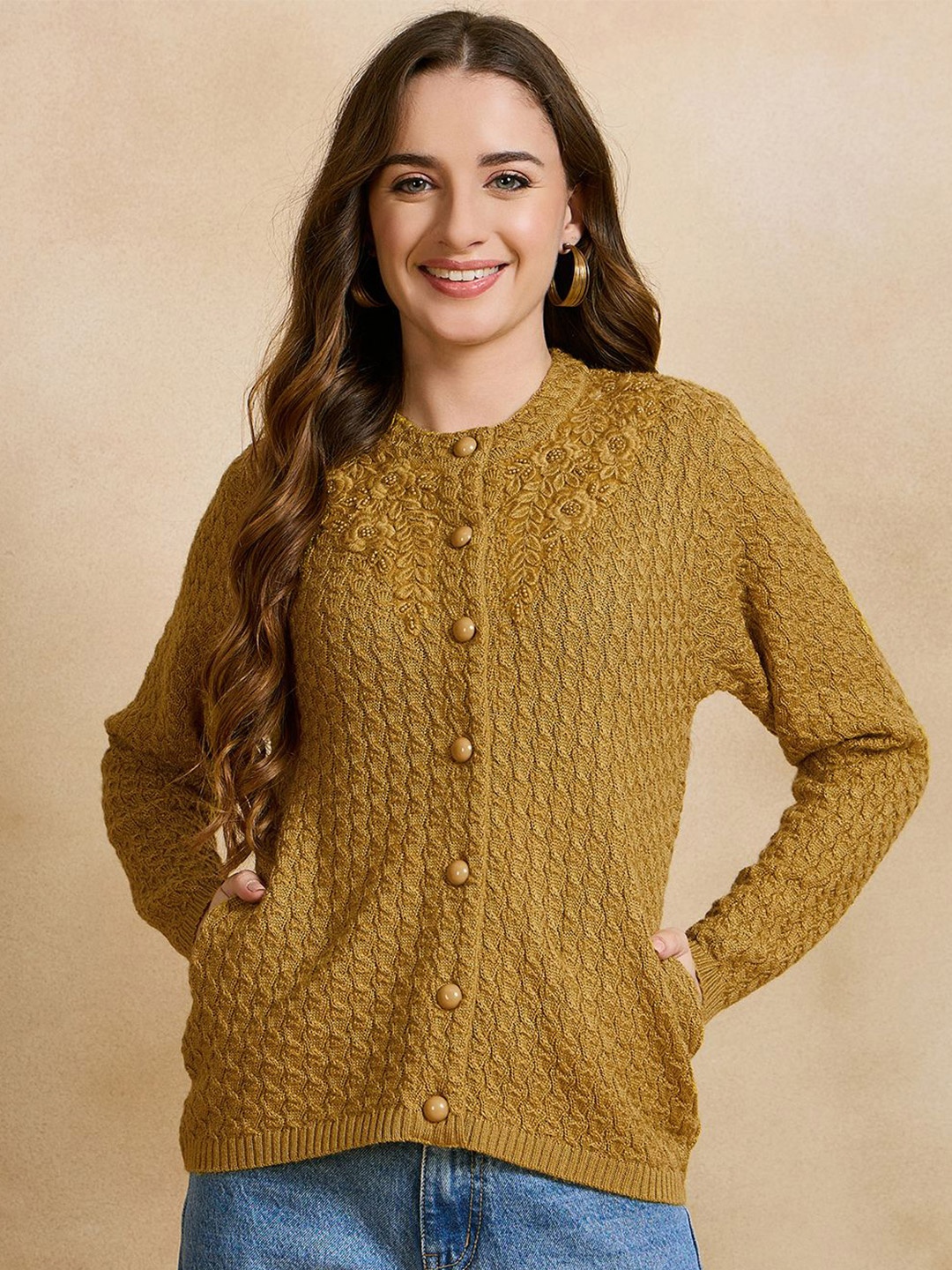 

CLAPTON Women Cable Knit Woollen Cardigan, Gold