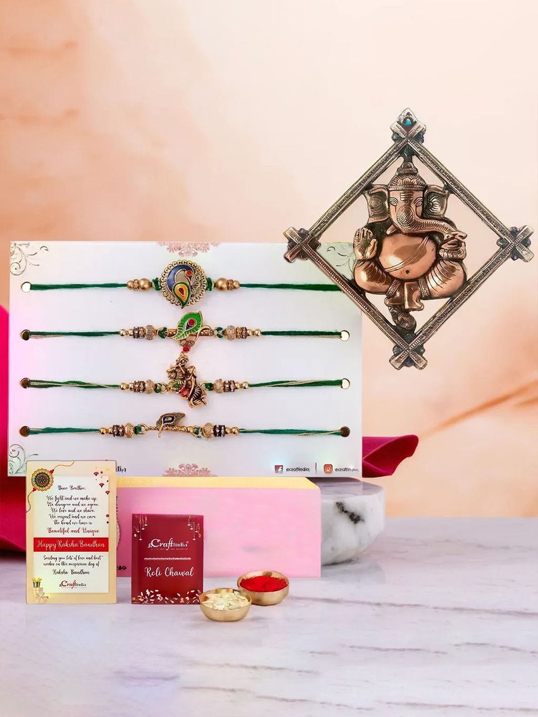 

eCraftIndia Set Of 5 Rakhi With Wall Hanging & Greeting Card & Roli Chawal Gift Set, Gold