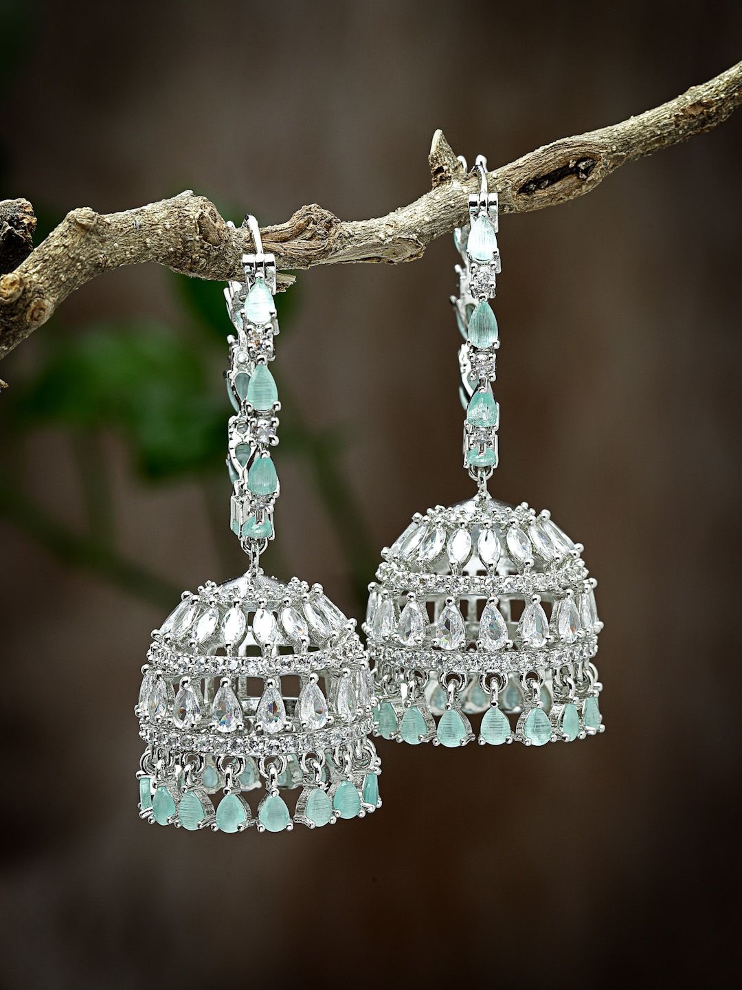 

ZENEME Rhodium-Plated American Diamond Studded Contemporary Jhumkas Earring, Sea green