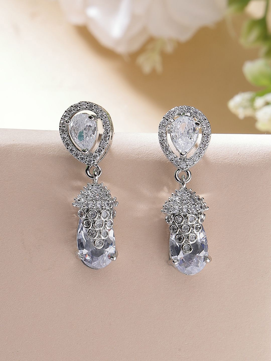 

ZENEME Rhodium-Plated Teardrop Shaped American Diamond Drop Earrings, Silver