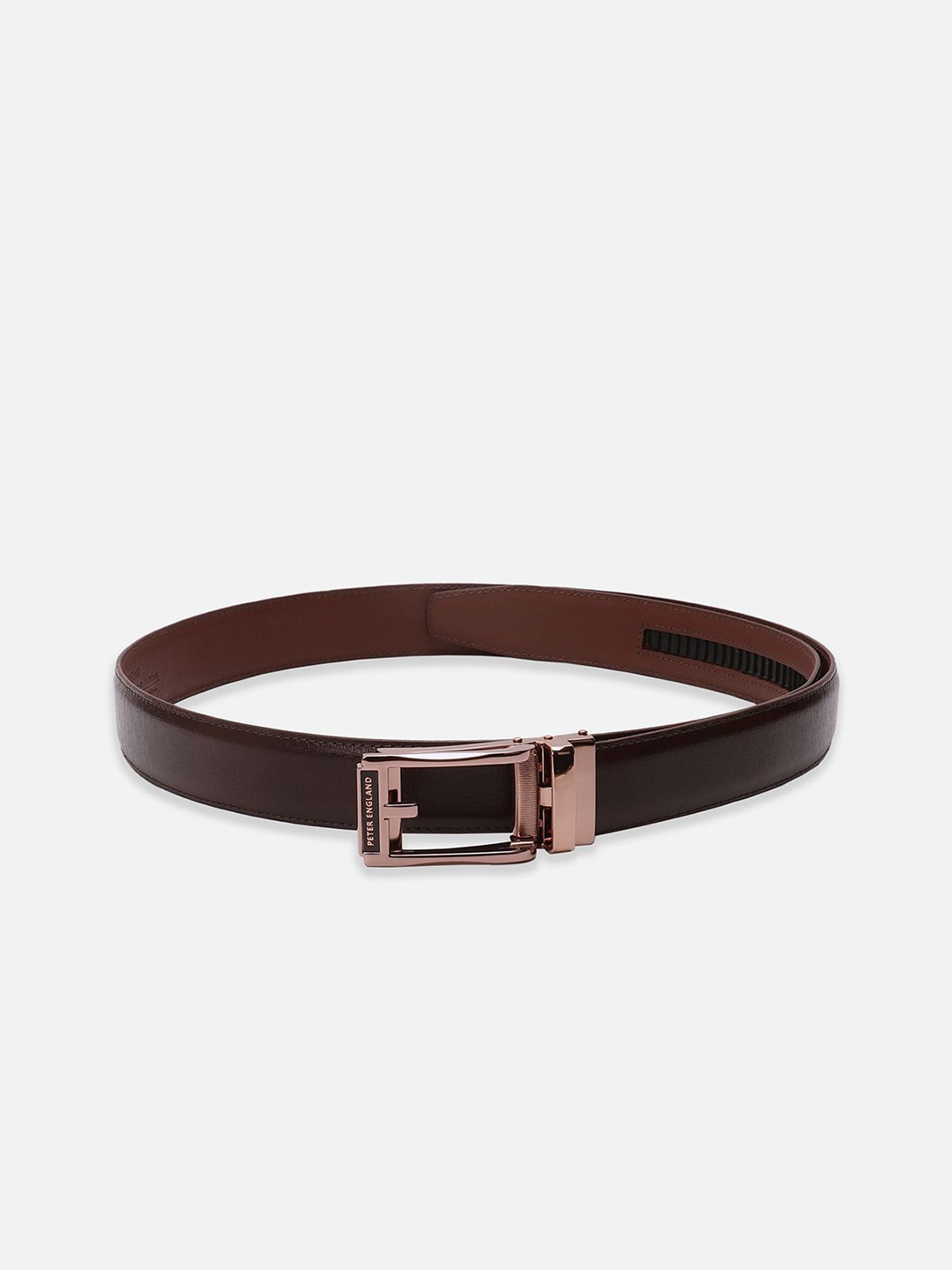 

Peter England Men Textured Slider Buckle Closure Leather Formal Belt, Maroon