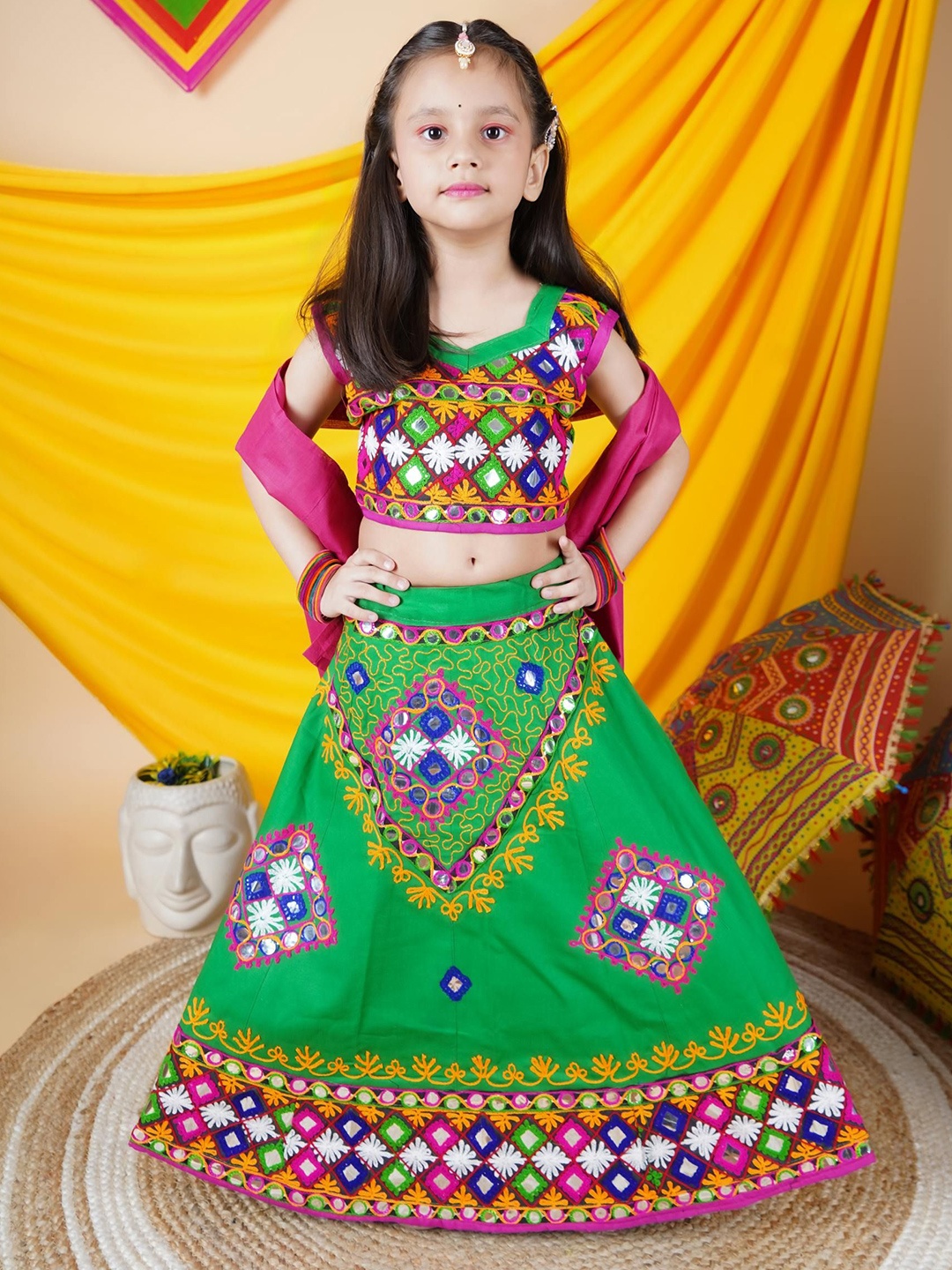 

ahhaaaa Girls Embroidered Mirror Work Cotton Ready to Wear Lehenga & Blouse With Dupatta, Green