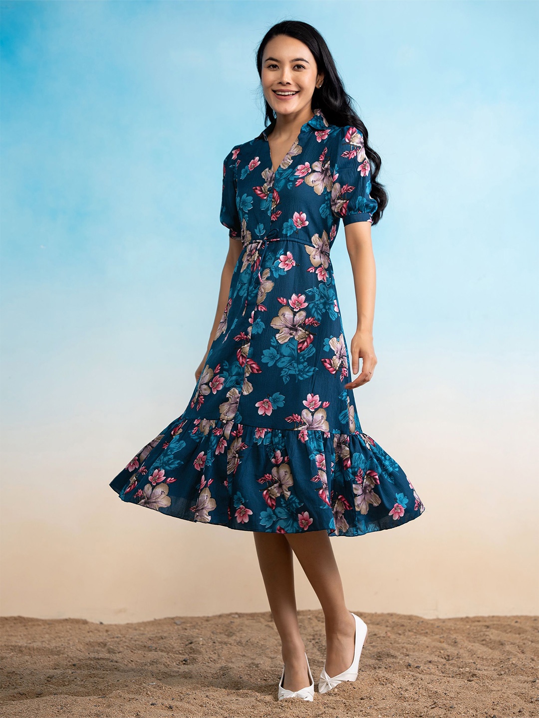 

DressBerry Floral Print Puff Sleeve Crepe Fit & Flare Dress, Teal