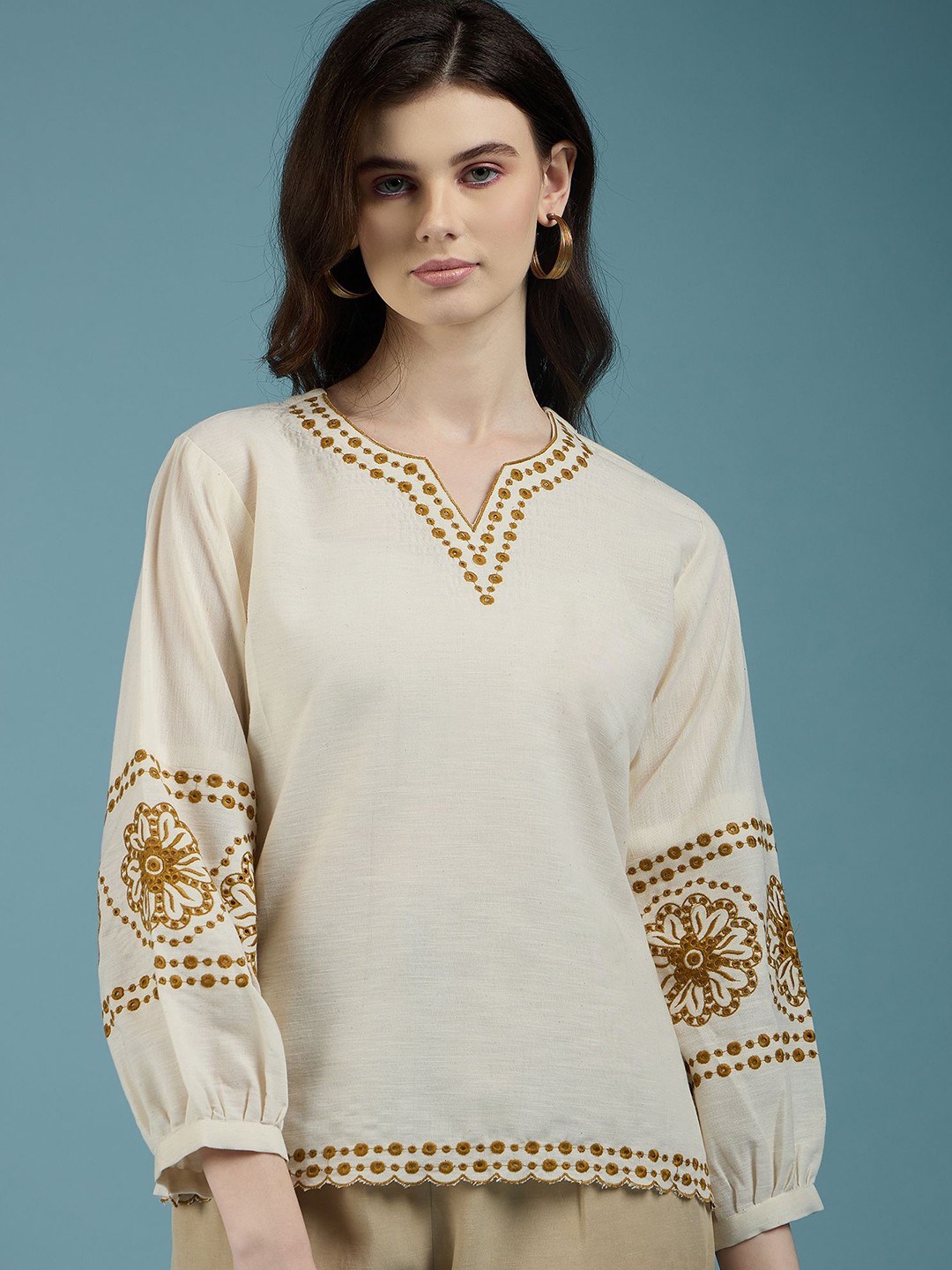

DressBerry Women Floral Printed Round Neck Cotton Top, Beige