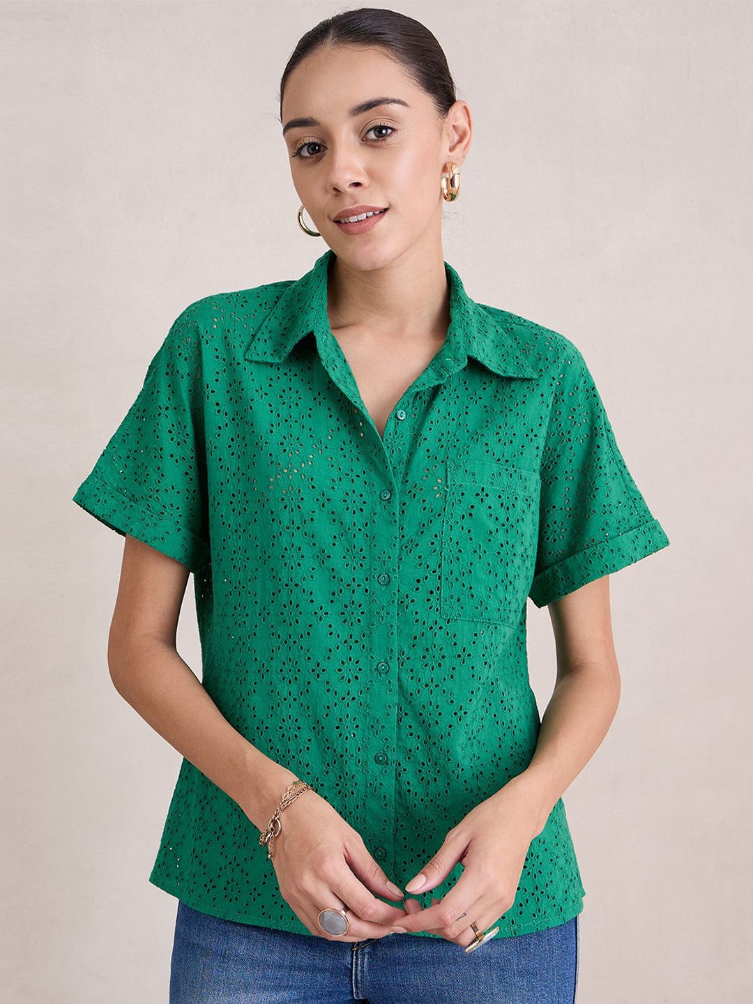 

FEMMELLA Women Schiffli Shirt Style Cotton Top, Green