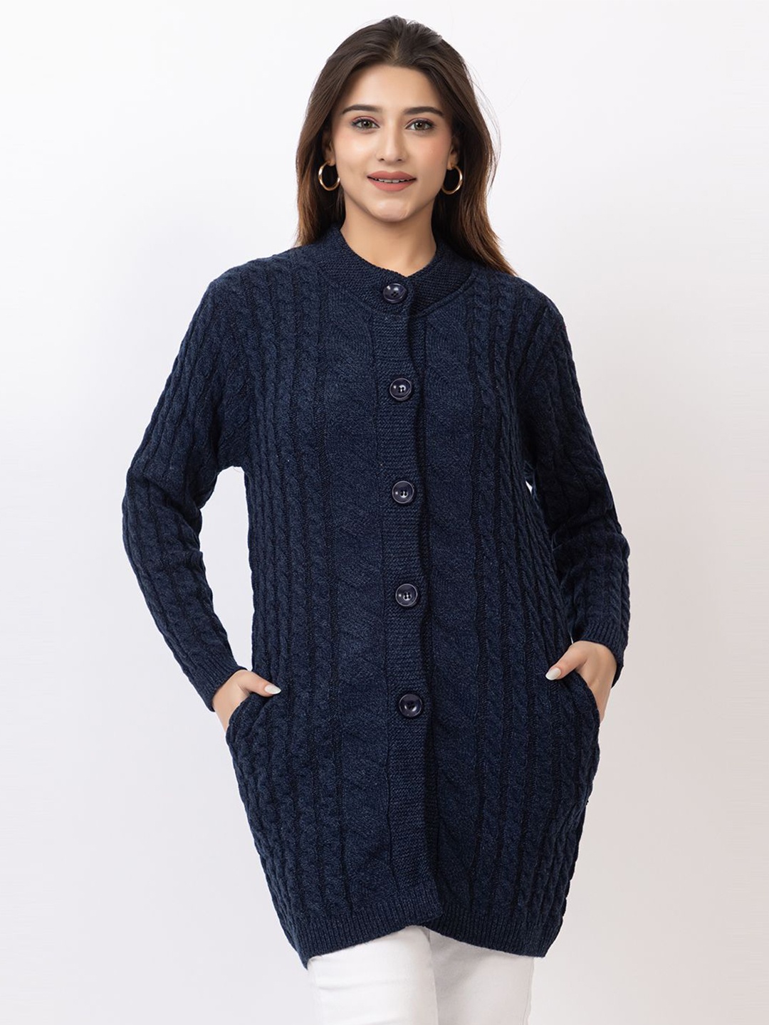 

TWENTY ME Women Cable Knit Woollen Cardigan, Navy blue