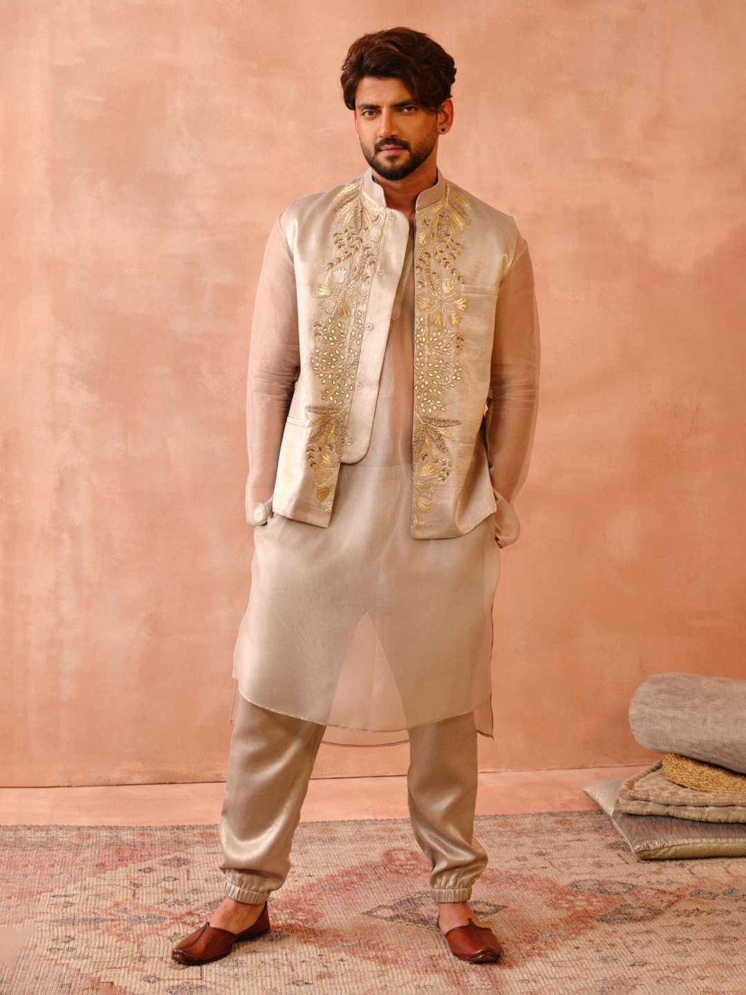 

PS MEN BY PAYAL SINGHAL Mandarin Collar Straight Satin Kurta, Beige