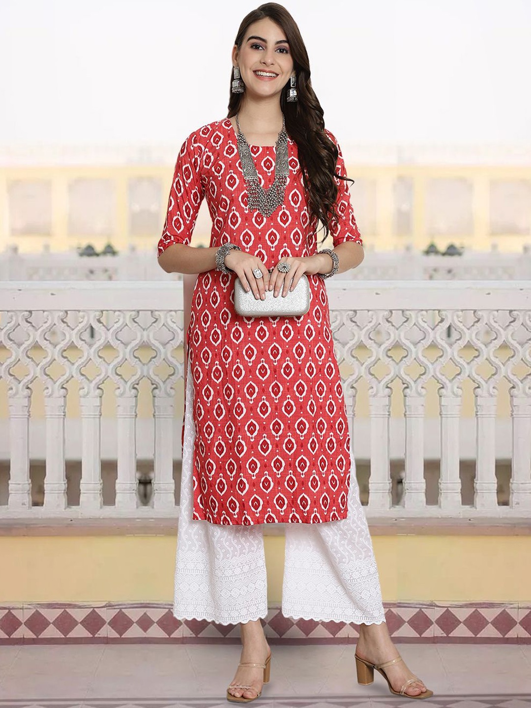 

7Threads Geometric Printed Round Neck Straight Kurta, Orange