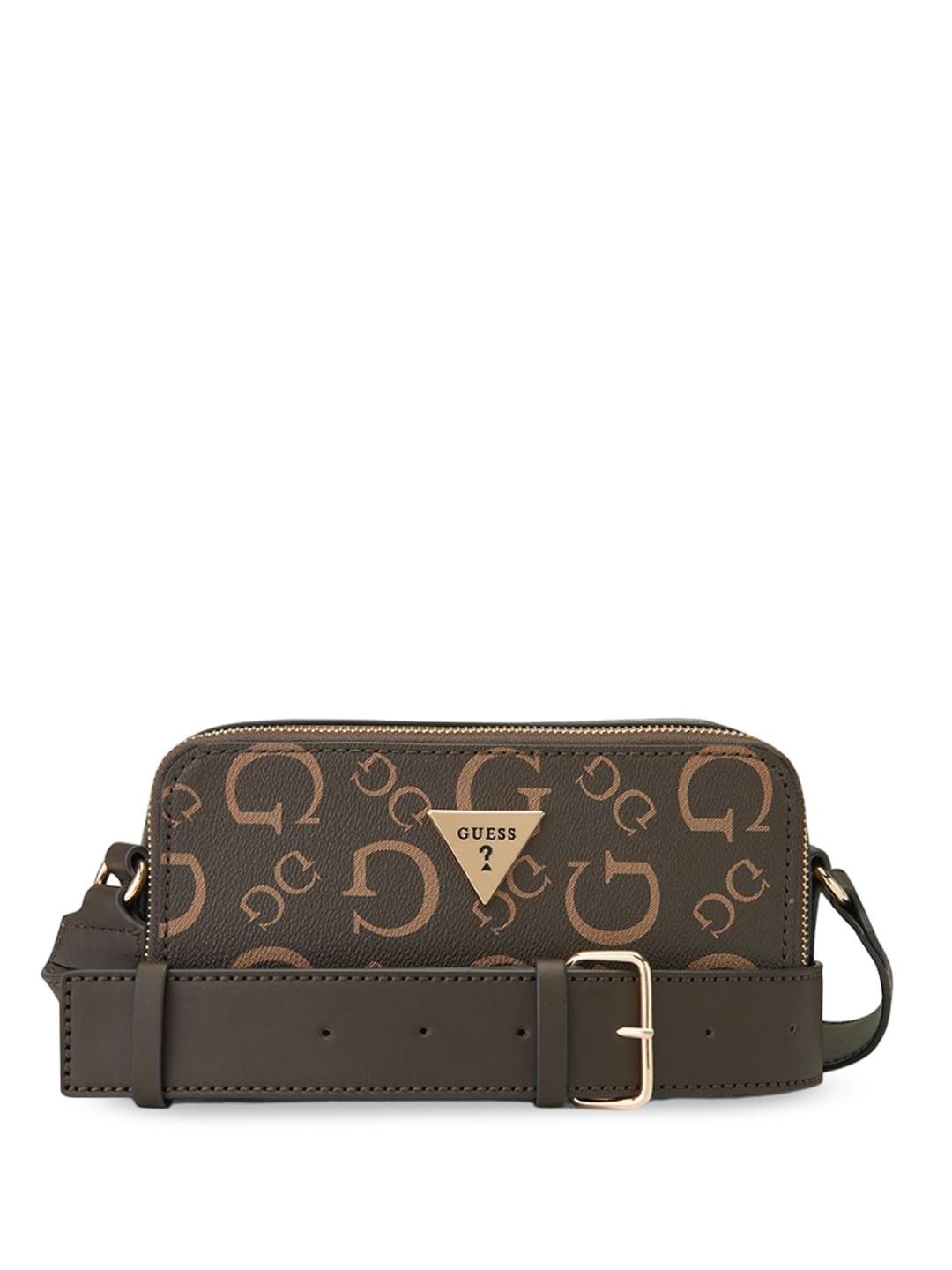 

GUESS Geometric Printed Structured Shoulder Bag with Cut Work, Brown
