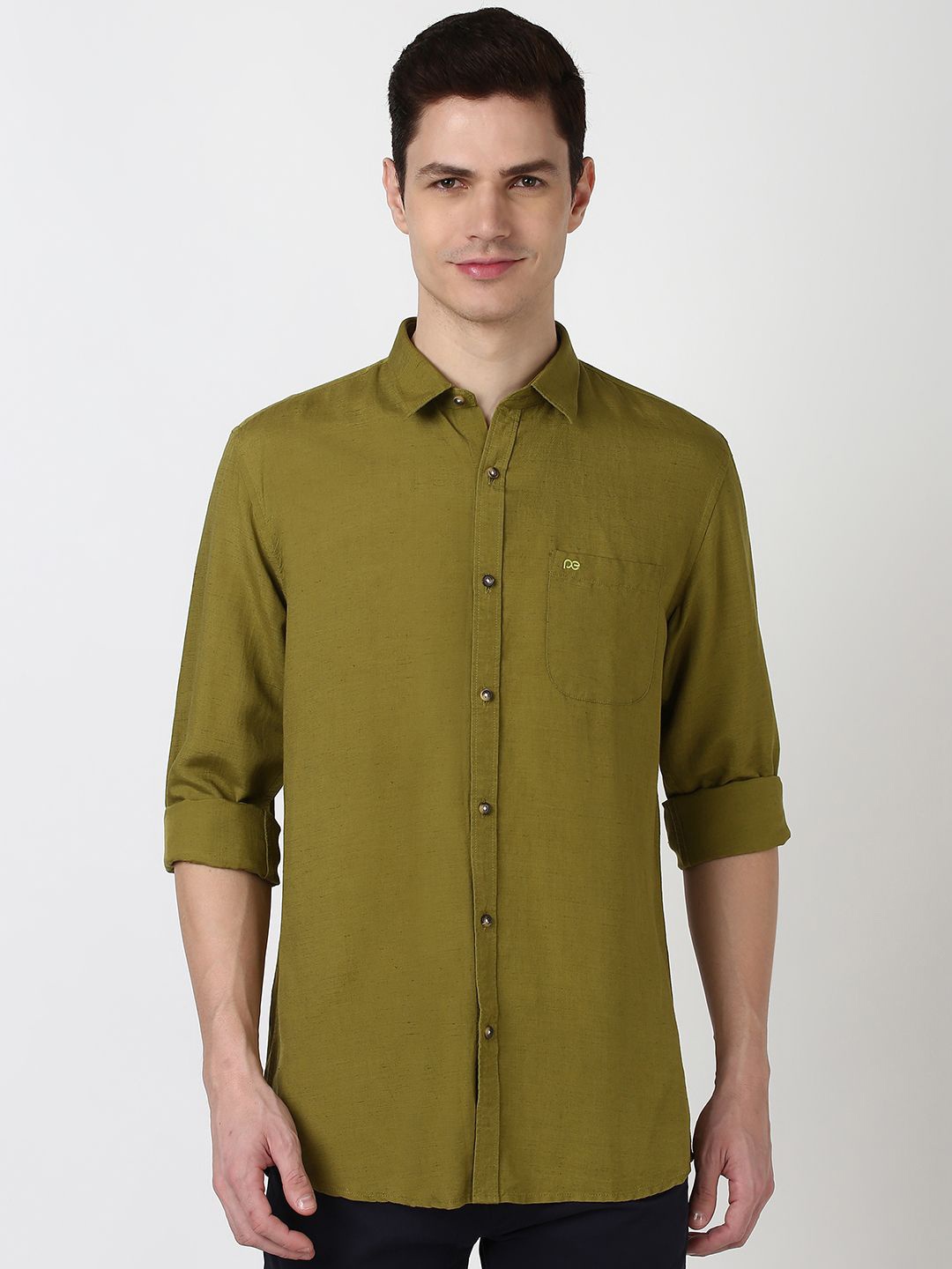 

Peter England Casuals Men Spread Collar Solid Slim Fit Casual Shirt, Olive