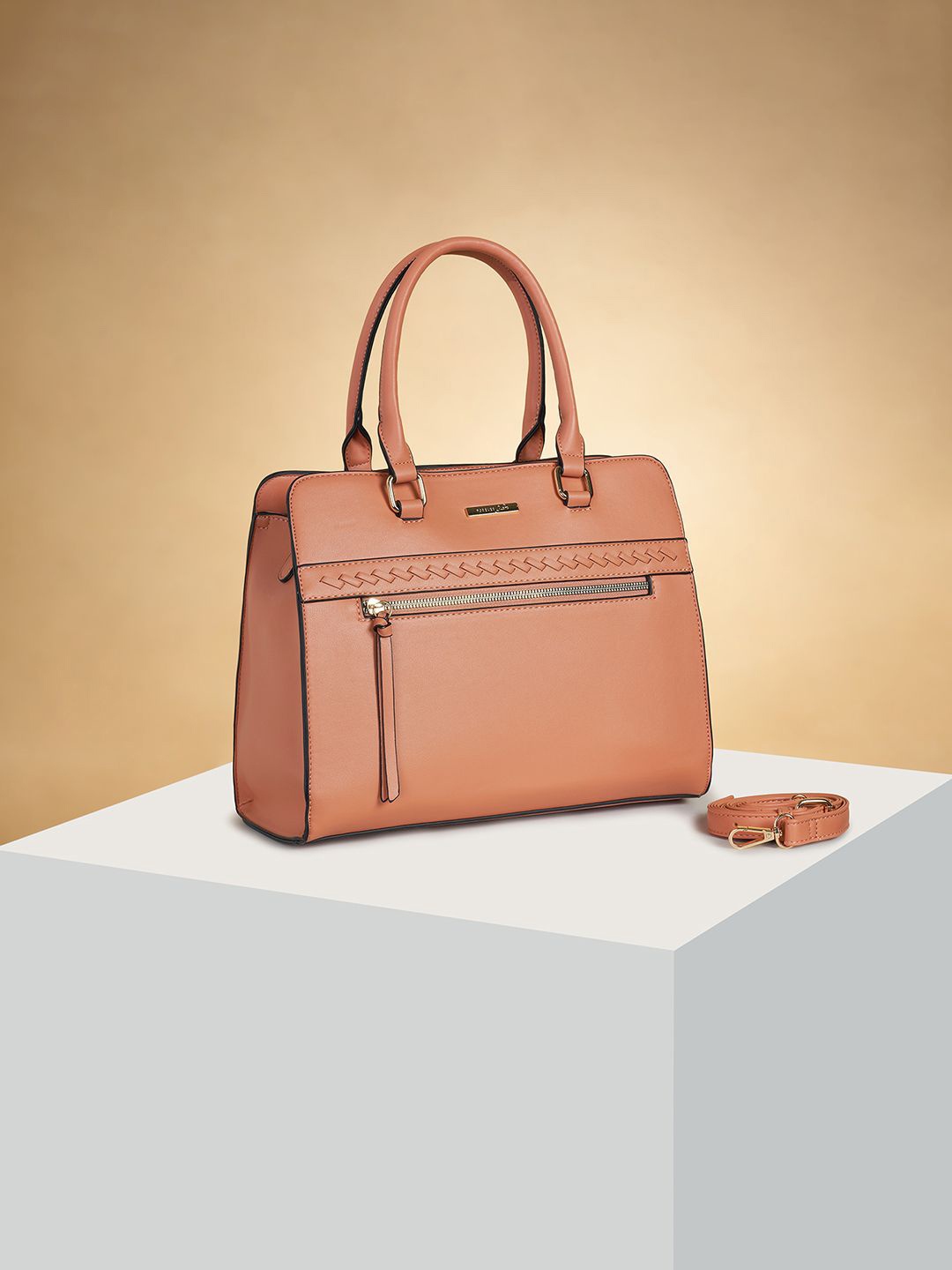 

Forever Glam by Pantaloons Colourblocked PU Structured Handheld Bag with Cut Work, Peach